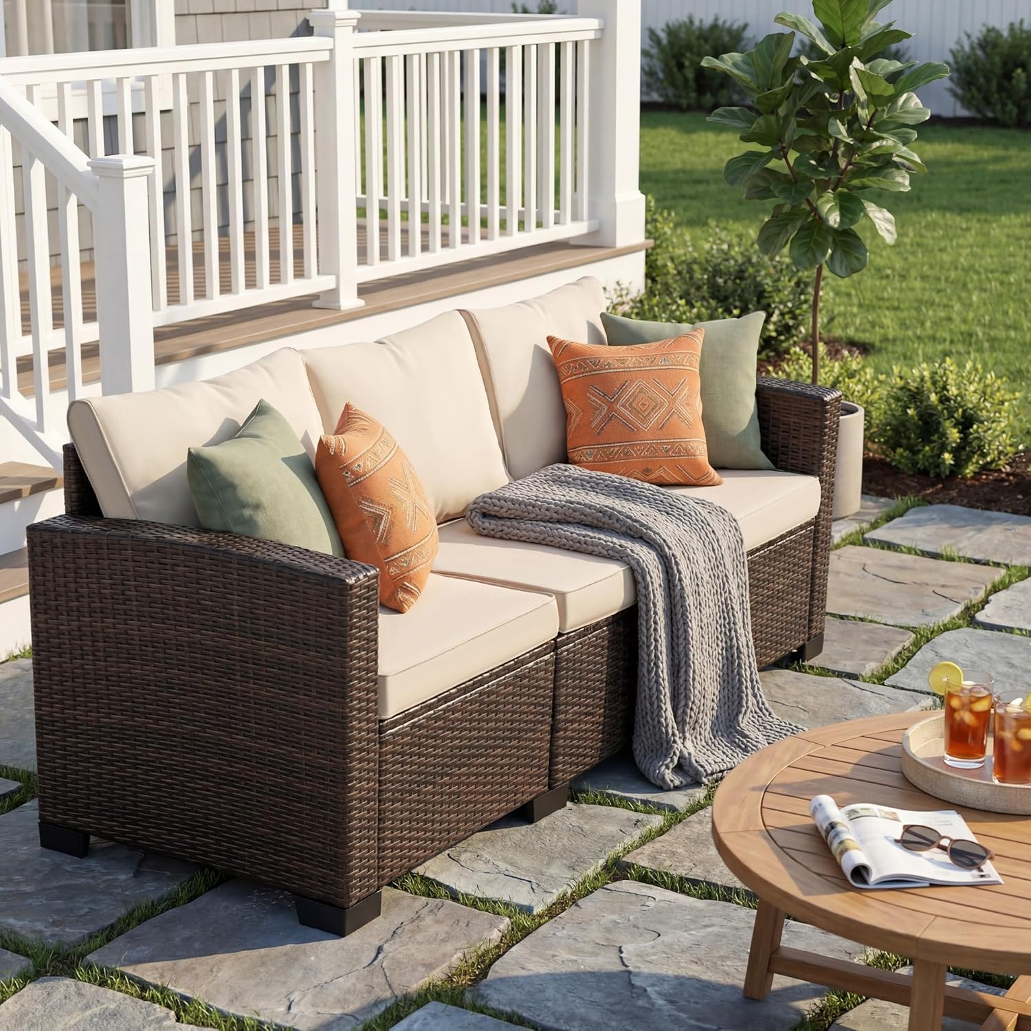 Devoko Patio Sofa,Wicker Outdoor Couch 3 Seater with Anti-Slip Cushions &Wider Armrests,PE Rattan Wicker Small Backyard Furniture for Deck,Porch & Poolside,Waterproof Patio Furniture