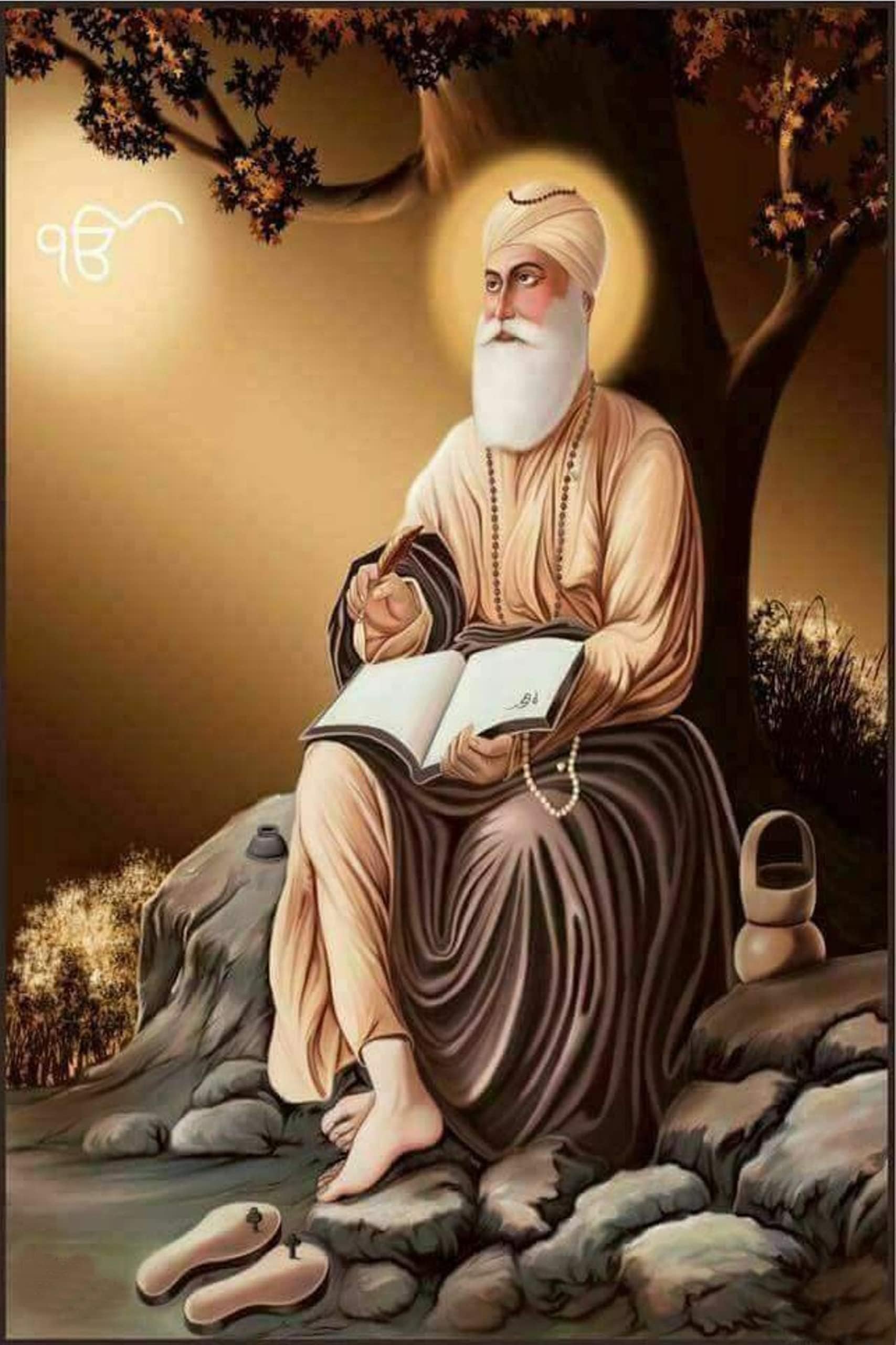 Spiritual Imagine Mart Guru Nanak Dev Ji Sitting Under Tree And Writting 12x18 Inch Poster
