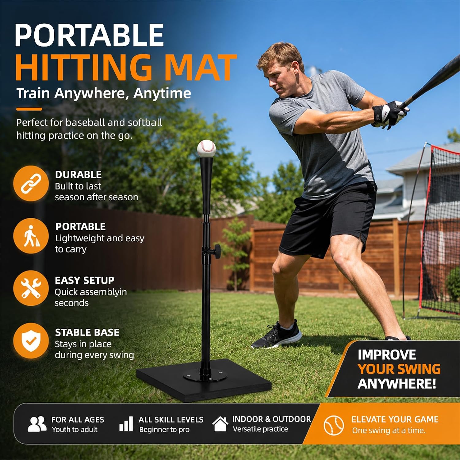 Portable Baseball Softball Batting Tee,Height Adjustment 24-36inch | Easy Assemble Softball Tee, Baseball Tee with Rubber Top, Heave Duty Base Hitting Tee for Youths Adults