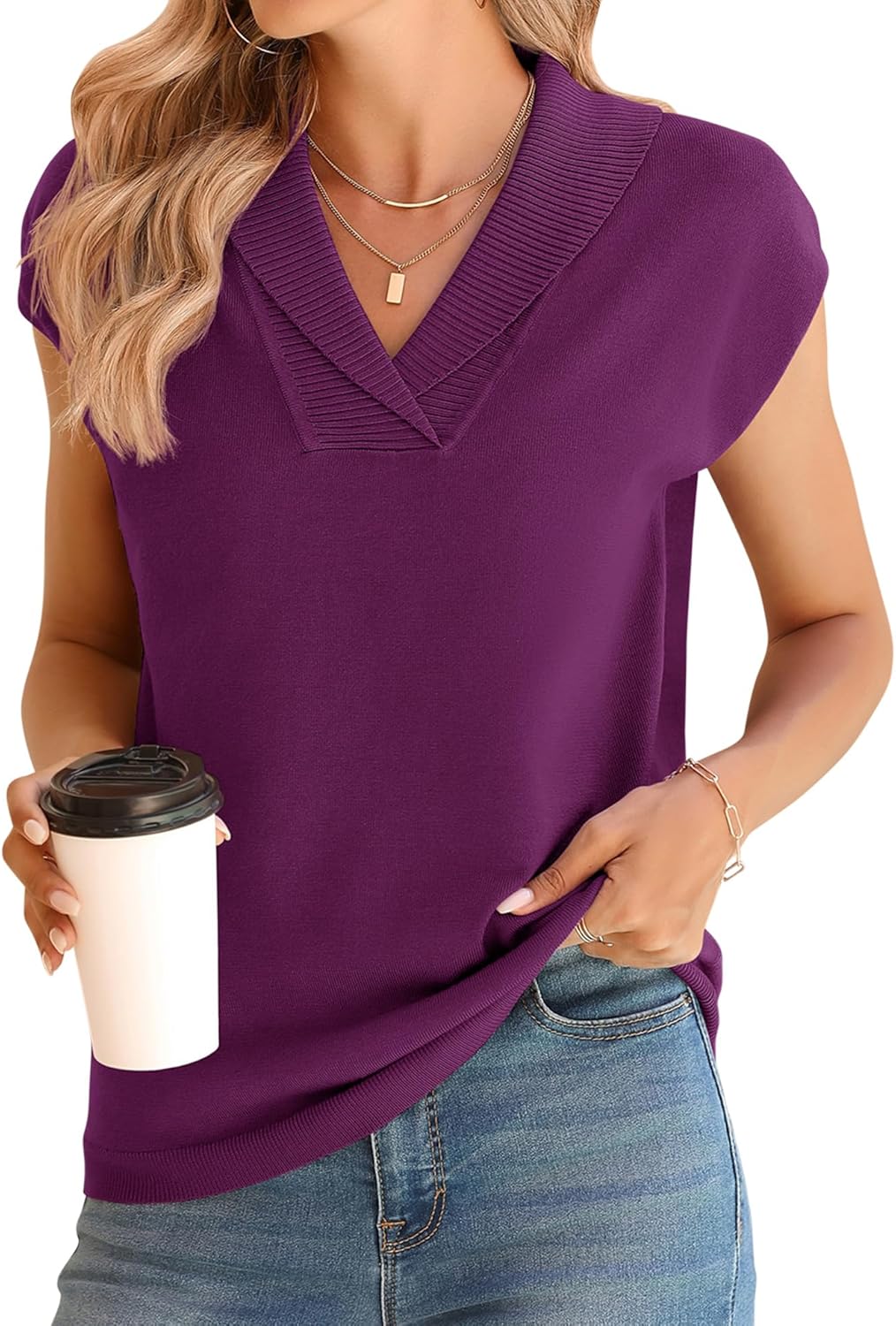 Ivicoer Sweater Vest Women V-Neck Knitted Pullover Short Cap Sleeve Collared Tops Dressy Casual 2025 Summer Fashion Trendy