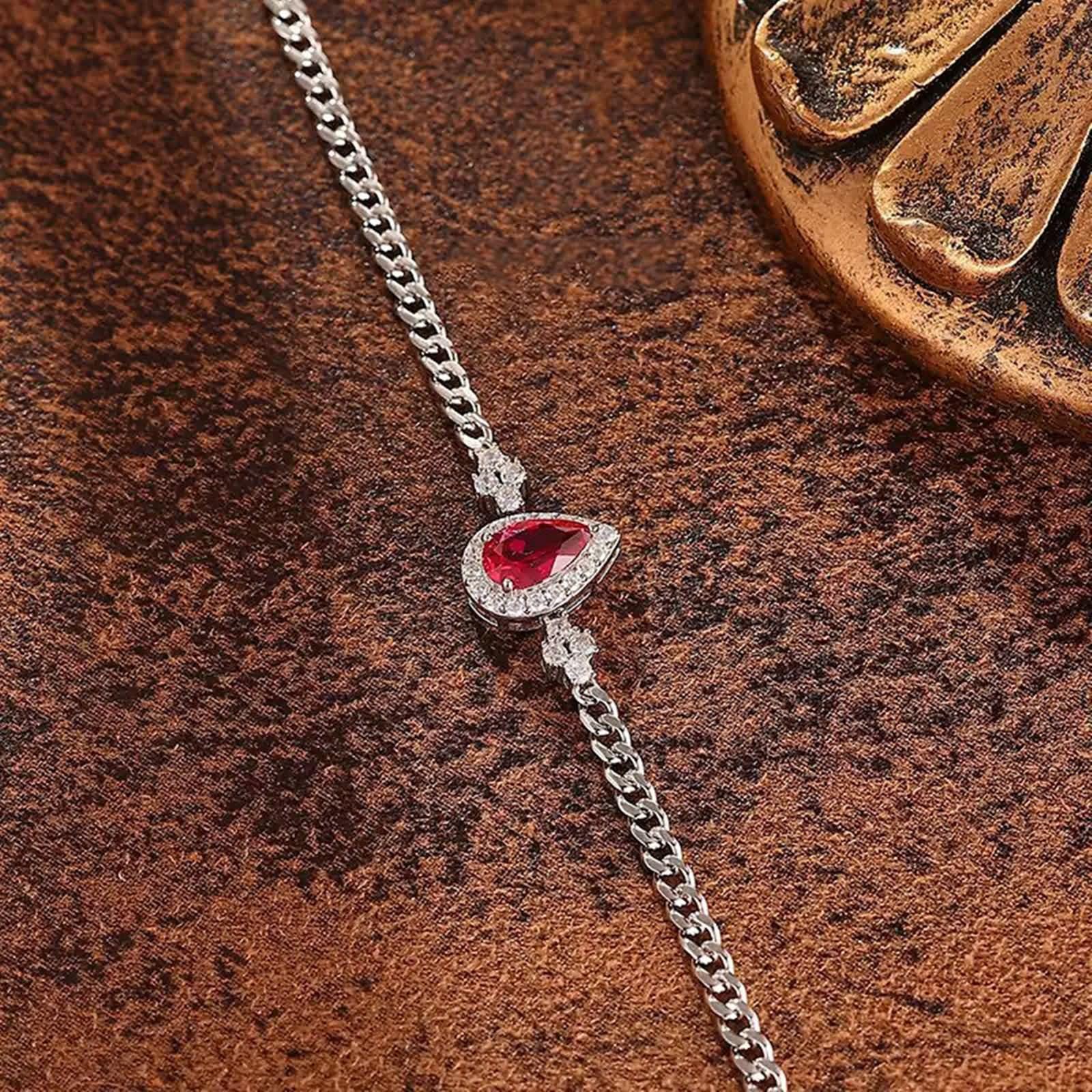 Pulsera Mujer de Oro Blanco de 9Kilates / 14Kilates / 18Kilates, Gota de Agua con Rubí Creado de 1,2 ct y Moissanita, Cadena Extensible 16 CM + 5 CM, Pulseras de Ajustable Mujer Plata Rojo