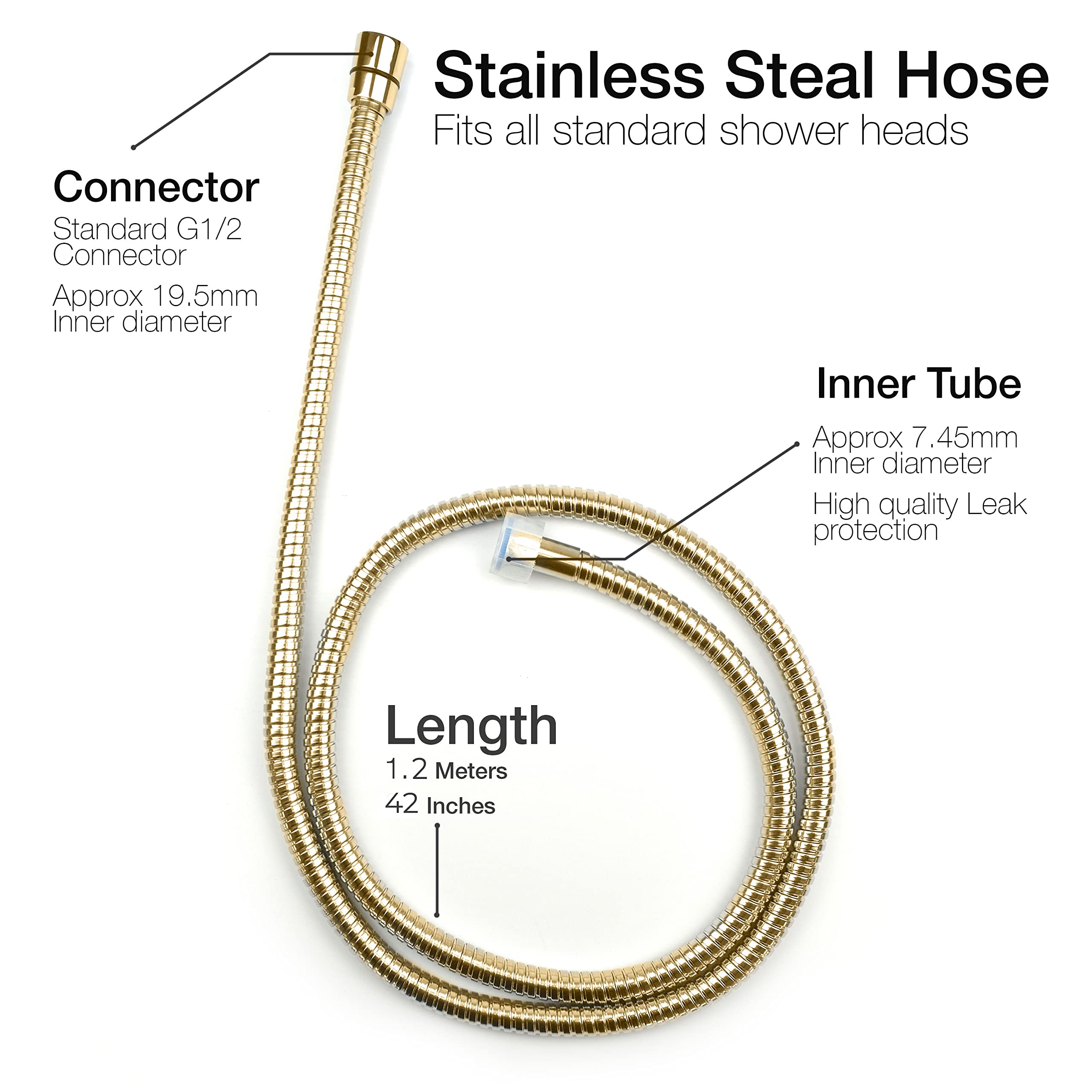 Xcel Home™ 1.2m Gold Leakproof Flexible Stainless Steel Anti-Kink Shower Hose with Solid Connector, 1.2 meters - Image 4