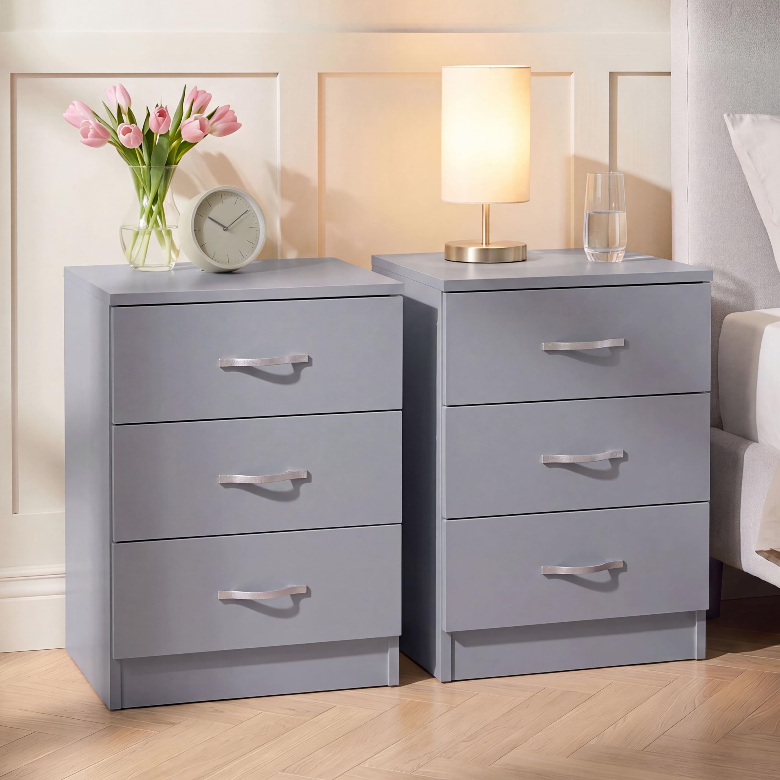 Vida Designs Riano 3 Drawer Bedside Chest Set of 2 | Grey | Space-Saving Nightstands | 56H x 40W x 36D cm | Engineered Wood | Anti-Bowing Drawer Support | Ideal for Bedroom & Guest Room