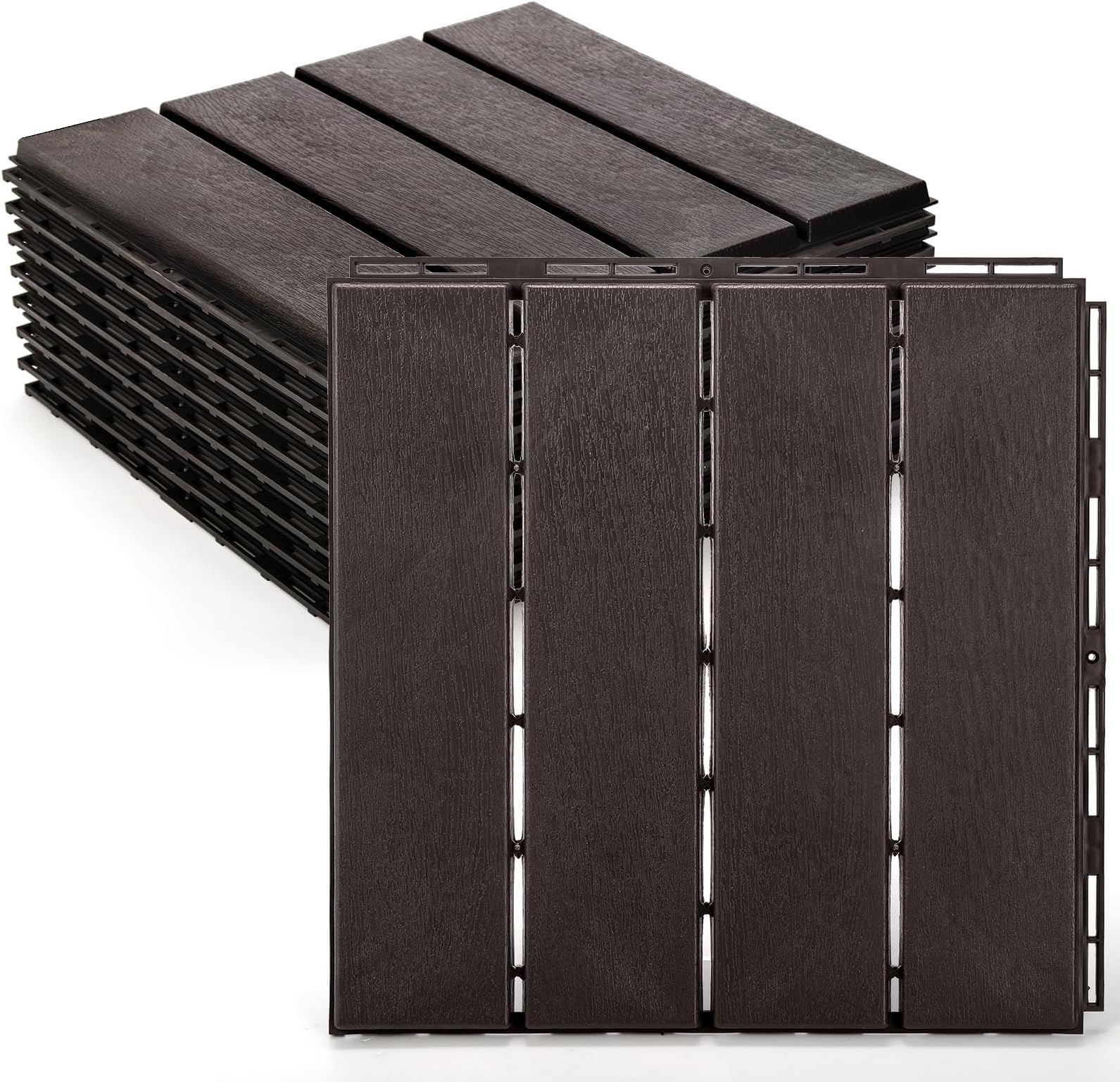 Lawei 9 Pack Plastic Interlocking Deck Tiles, 12"x12" Waterproof Outdoor Patio Flooring, Four Slat Floor Decking Tiles Patio Pavers for Garden Porch Poolside Balcony Backyard, All Weather Use, Gray