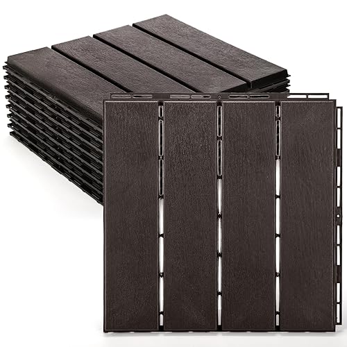 Lawei Paquete de 9 baldosas de plástico entrelazadas para terraza, suelo impermeable de 12 x 12 pulgadas para patio al aire libre, cuatro listones,