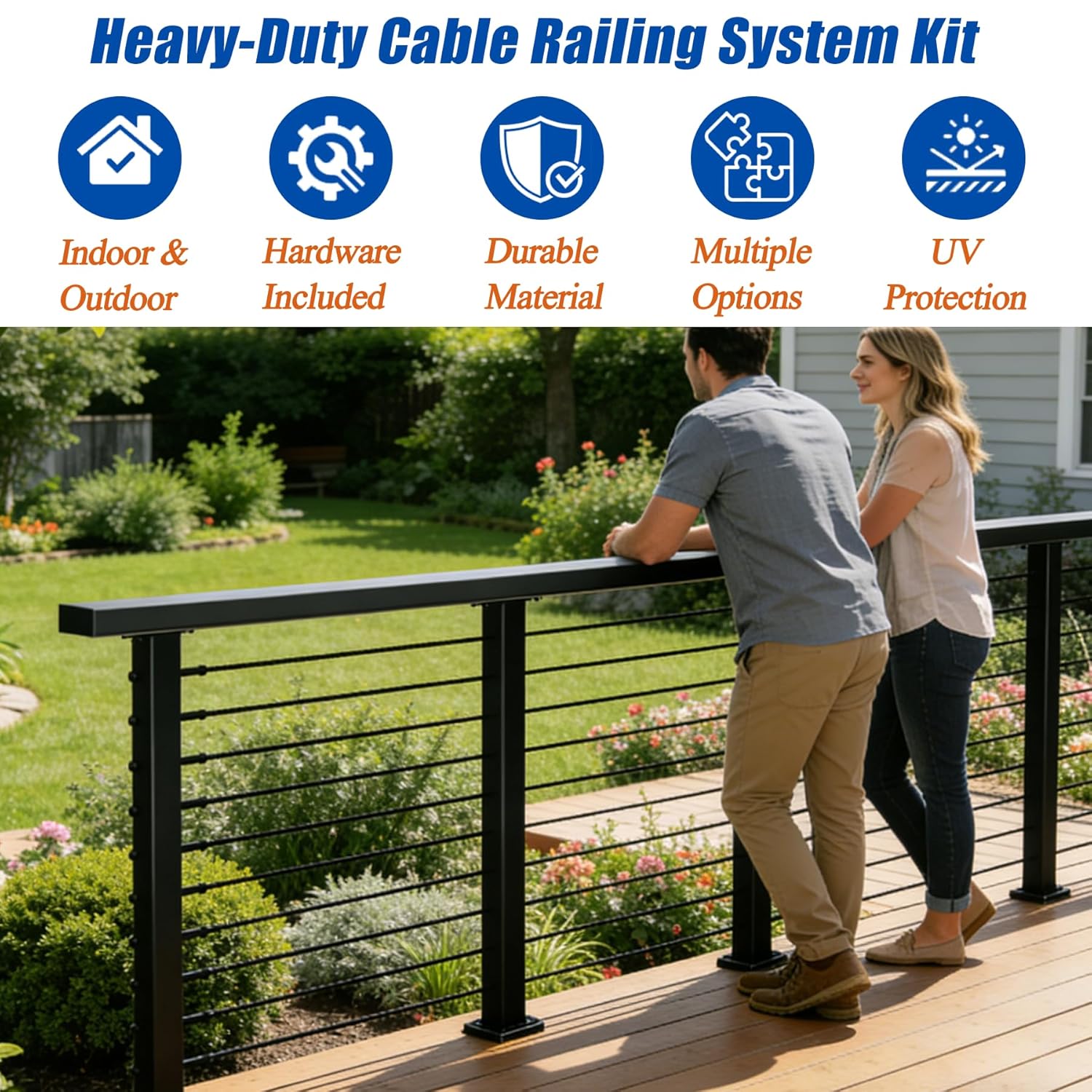12-20 FT Black Cable Railing Post Kit with Handrail, 4 Pack 36" Level Posts, 206FT 1/10" Wire Rope, Indoor Outdoor Cable Railing System Kit, Upgraded Matte Black Finish, DIY Deck & Porch Railing