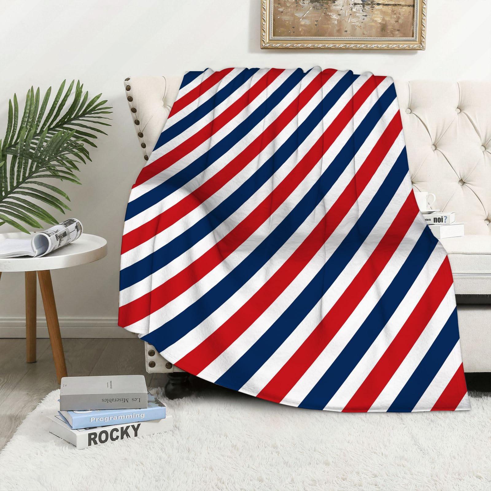 MAAPCHP Flannel Fleece Blanket Throws for Sofa Fluffy Blanket Bed Throw for Bedroom Seamless pattern Retro stripe pattern with navy red white blue parallel stripe. Blanket for Bed, Couch,Car 50x60in