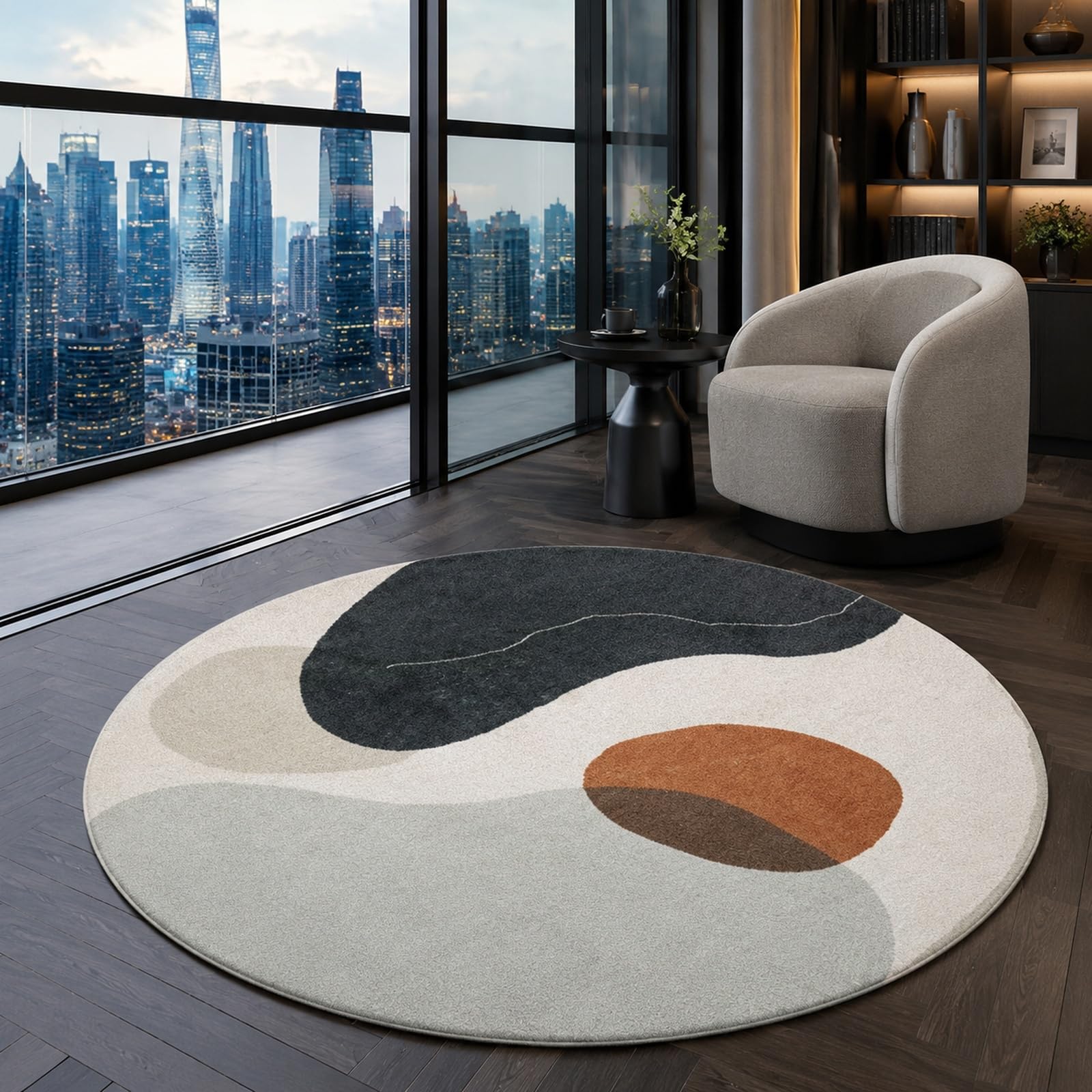 Tapis rond abstrait moderne gris marron beige de 90 cm pour chambre et salon
