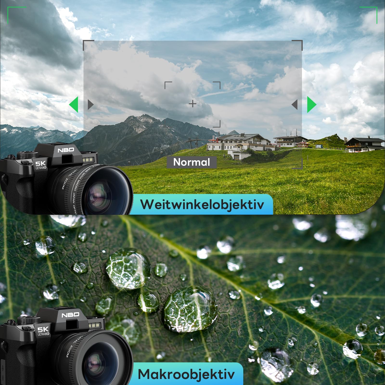 NBD 5K Digitalkamera 64MP, Autofokus, 16X Digitalzoom, Schwarz | 3 Zoll 180° Klappdisplay, WLAN, Weitwinkel/Makro, 2 Akkus, 64GB Karte, Vlogging, Reisen, Anfänger
