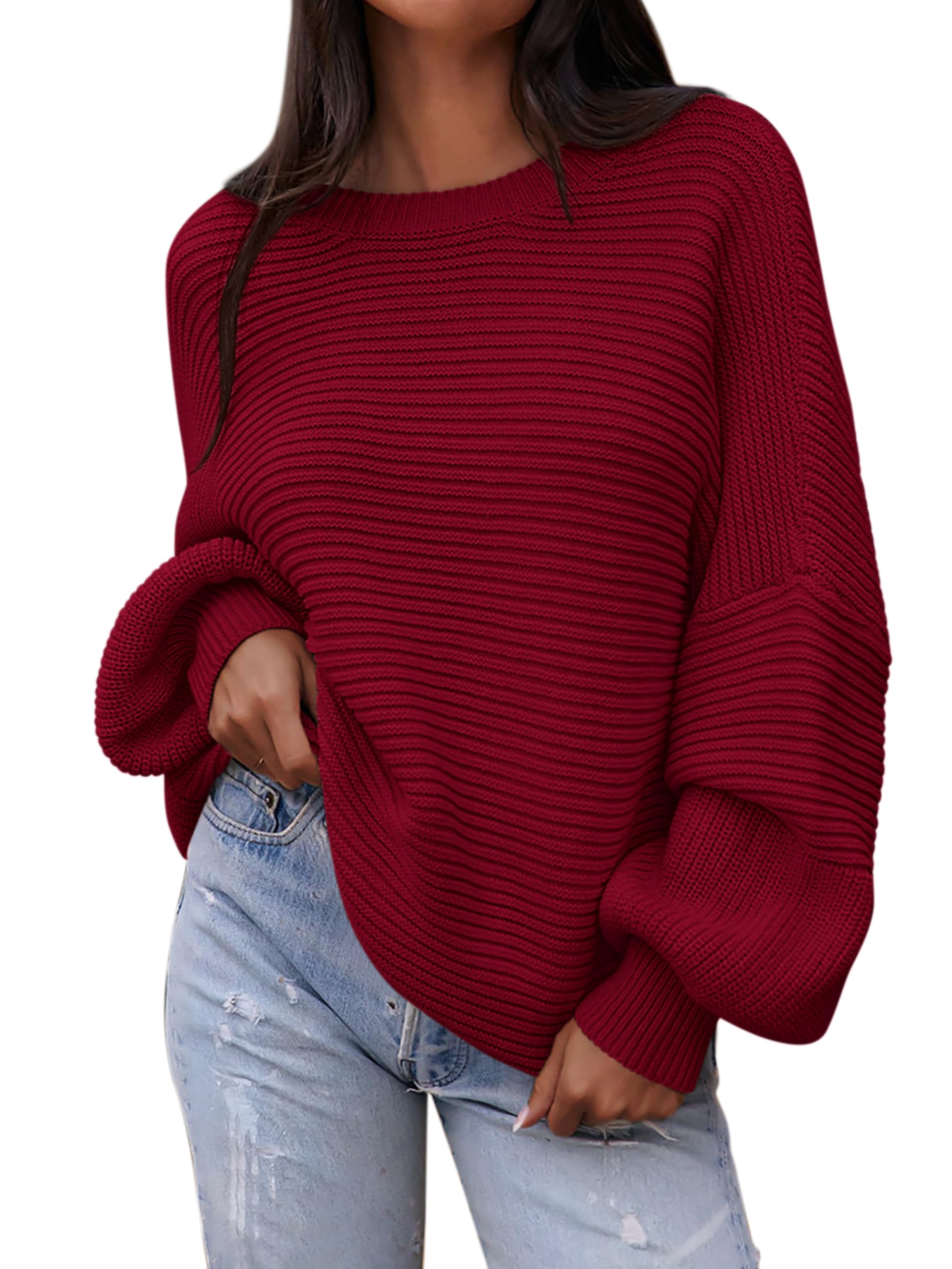 PRETTYGARDEN Womens Sweaters Fall 2025 Lantern Long Sleeve Oversized Sweater Casual Crewneck Chunky Knit Ribbed Pullover Tops
