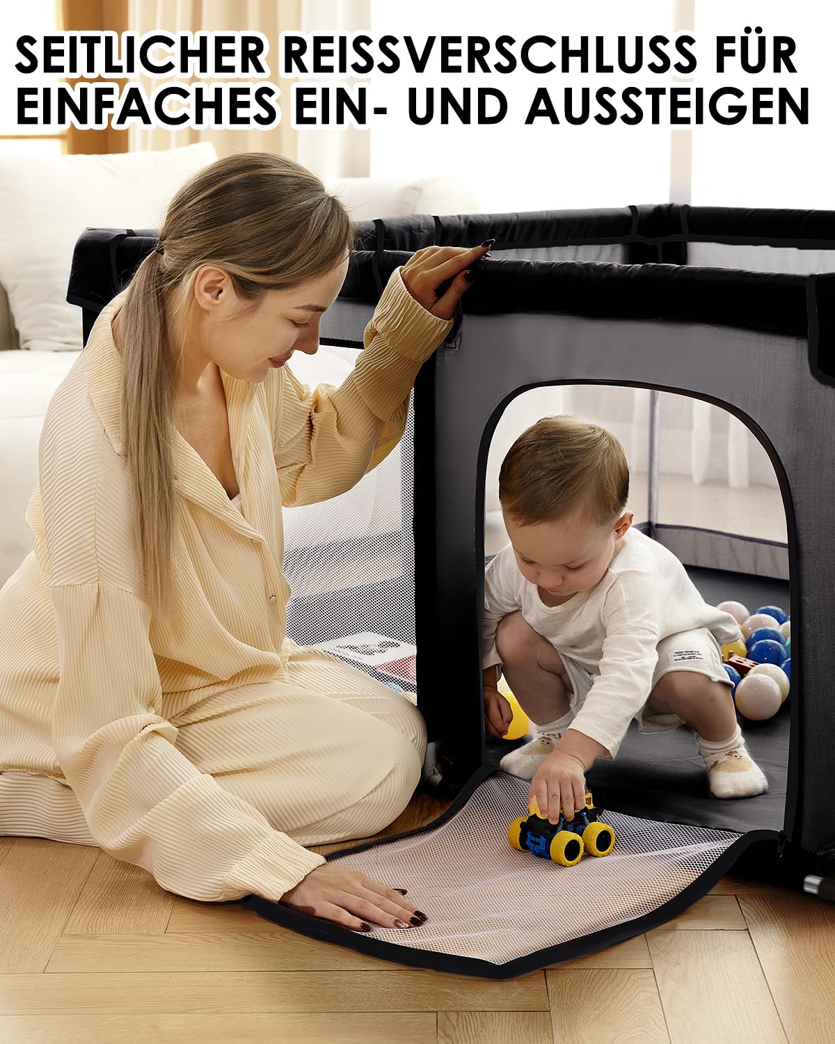 derimkcoa Laufstall Baby,Laufgitter Baby,Kinderzaun mit Atmungsaktivem Netz,Tragbarer Laufstall für Drinnen und Draußen(130x130x66cm,Schwarz)