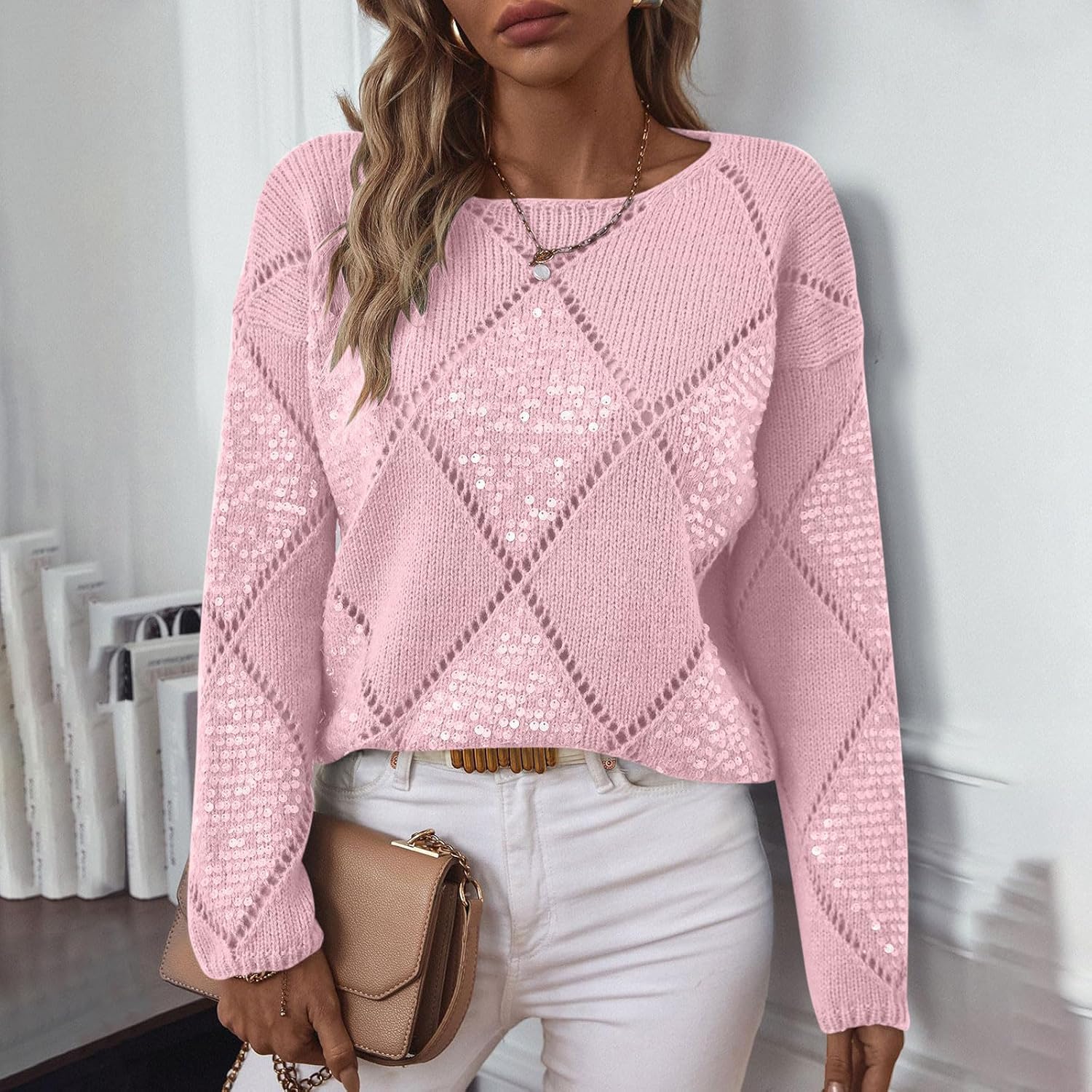 Damen-Pullover, gehäkelt, elegant, lässig, ausgehöhlt, Glitzer-Strick, leicht, gemütlich, Pailletten-Pullover, Tops, Herbstkleidung