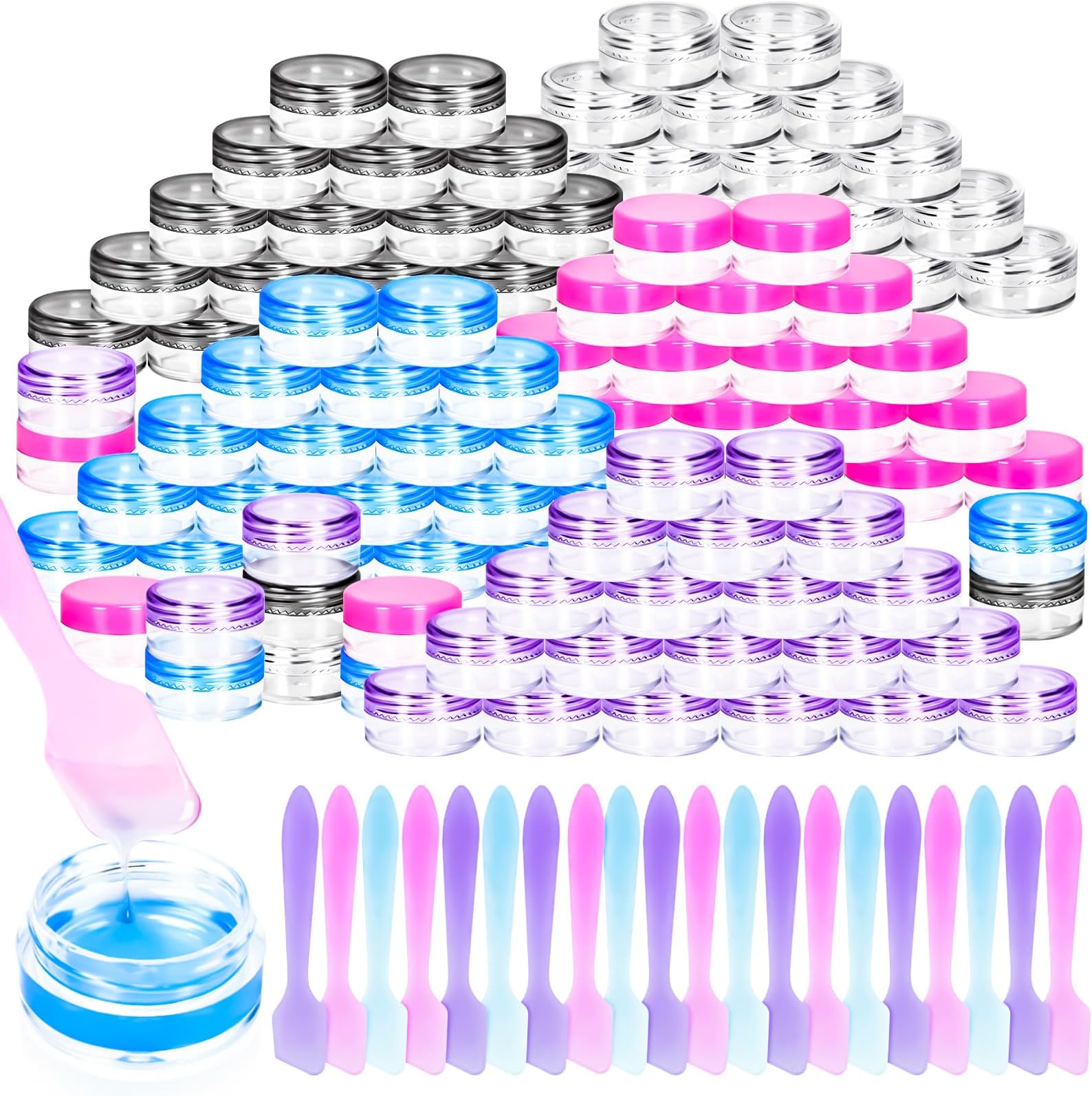 MotBach 100 Pcs 5g Empty Plastic Containers with Colored Lids,Mini Makeup Sample Containers, Small Sample Pot Jars Round Cosmetic Jars with Mini Spatulas for Liquid Sample Powder Creams Lotions