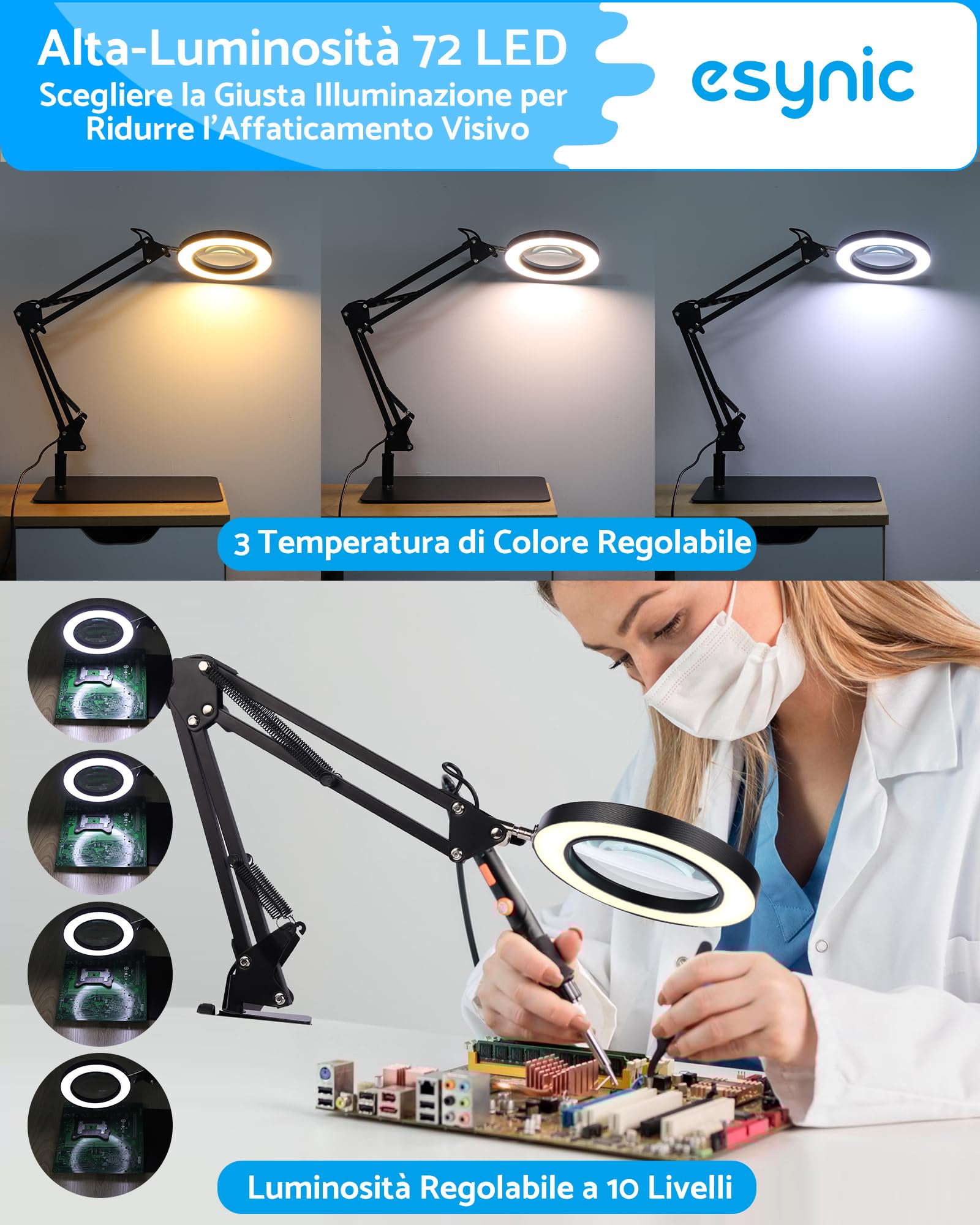 eSynic Lente di Ingrandimento 8X da Tavolo con Luce 72 LED, 10 Luminosità Regolabile e 3 Colori, Stazione d'Ingrandimento con 4 Colonne Magnetiche Flessibile a Clip Apertura 5,5cm per Saldatura