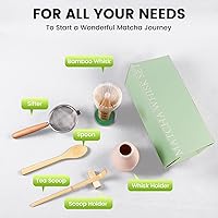 Vista 3 de COANTO Juego de batidor de matcha - Incluye colador, batidor de bambú (Chasen), cuchara de té, soporte para cuchara rosa, cuchara medidora y soporte