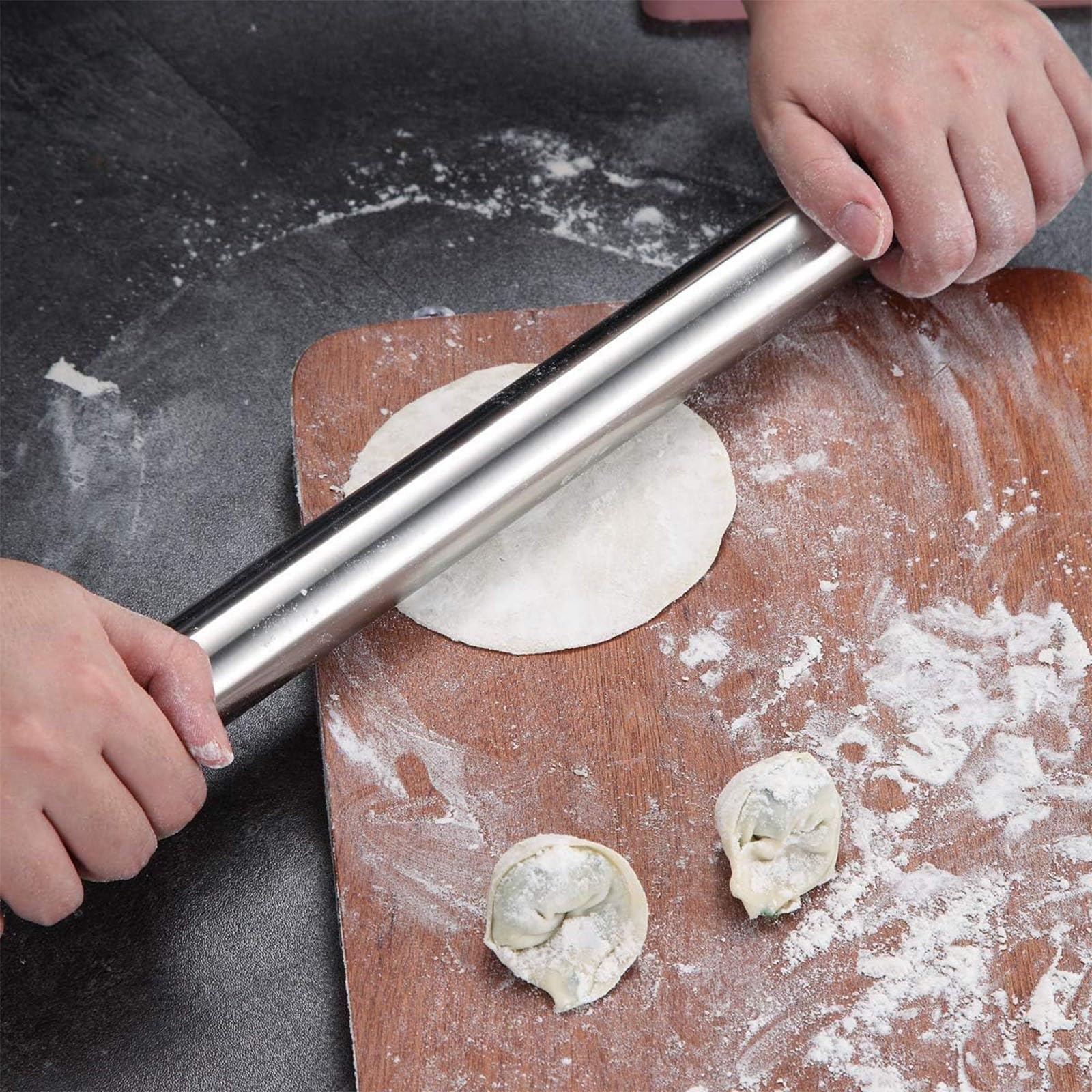 Rodillo de amasar cocina Rodillo de masa chino pequeño, rodillo de acero inoxidable para hornear, amasar pan de repostería, rodillo de masa antiadherente con raspador de metal y alfombrilla de silicon