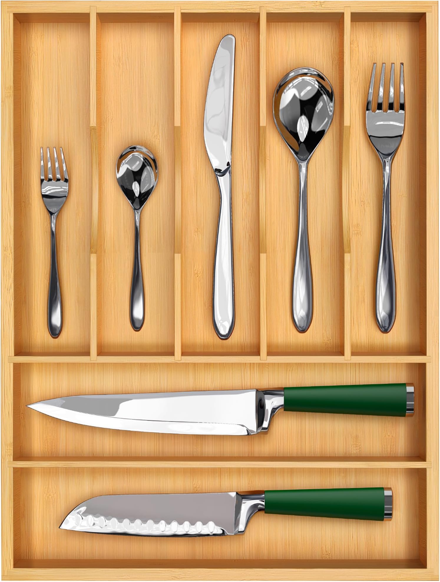 ROYAL CRAFT WOOD Luxury Bamboo Utensil Rack and Silverware Organizer, Kitchen Drawer Organizer - Utensil Holder and Cutlery Tray with Grooved Drawer Dividers for Flatware 7 Slot, Natural