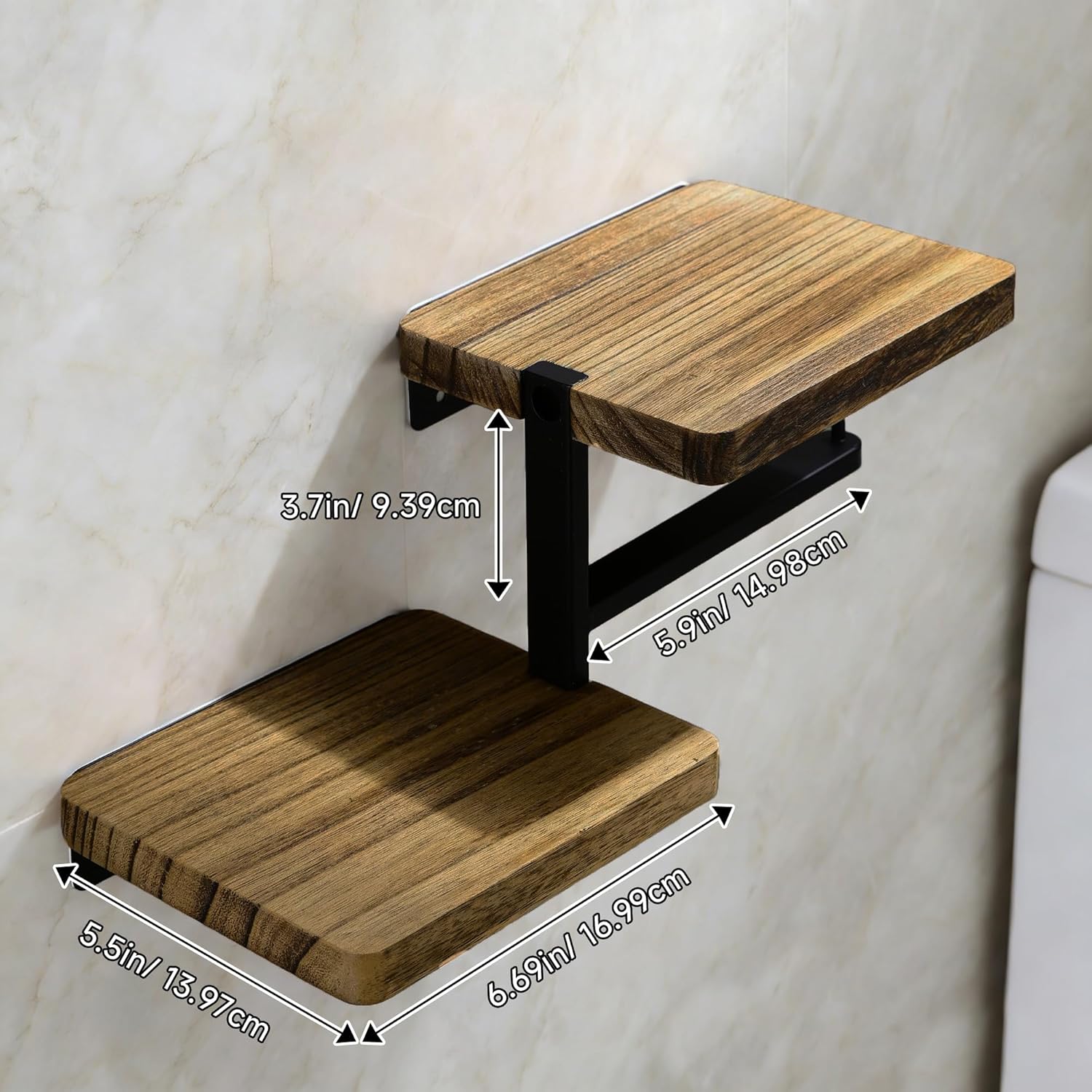 YIGII Toilet Roll Holder with Shelf, Wall Mounted Wooden Toilet Roll Holder