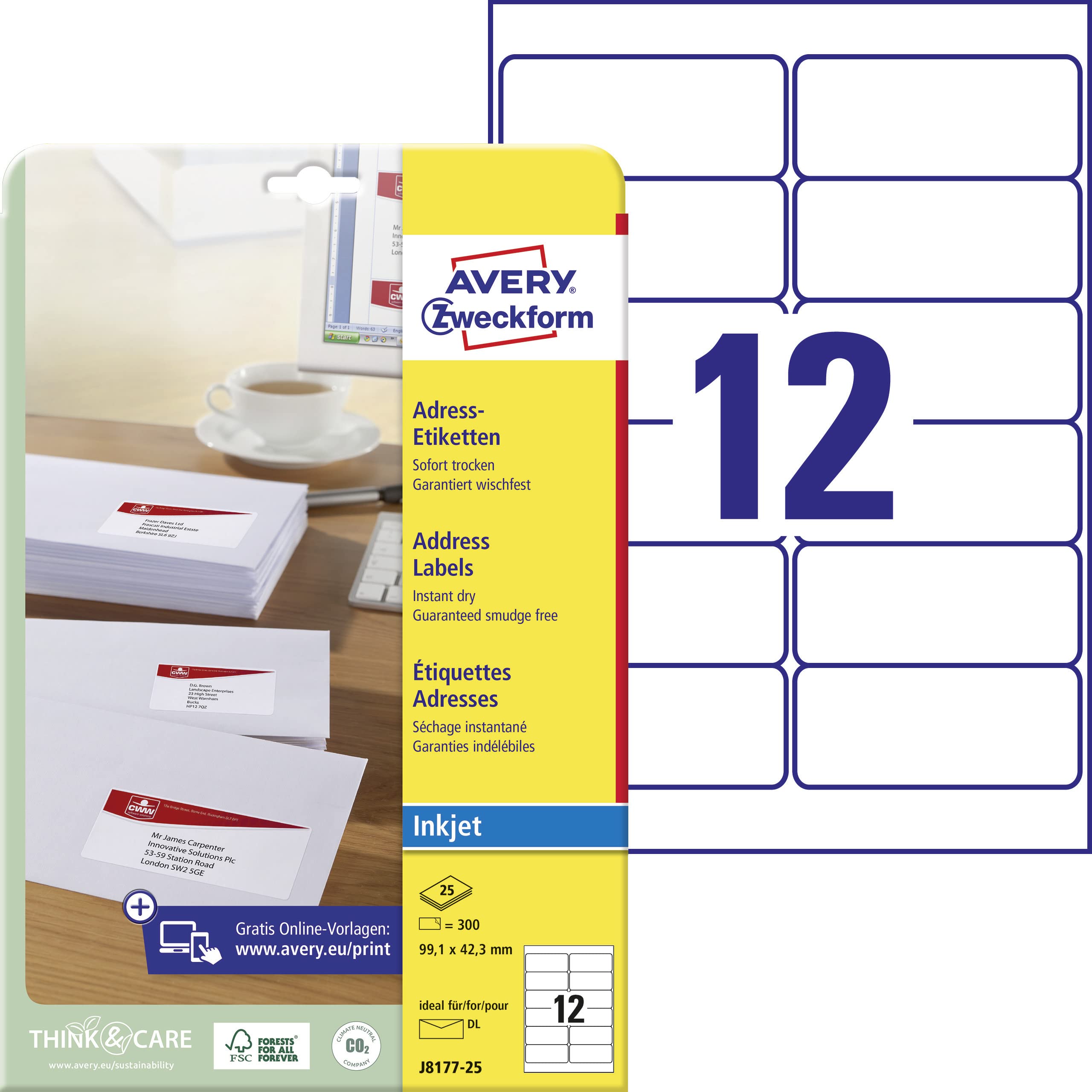 AVERY Zweckform Adressetiketten J8177-25 – 99,1 x 42,3 mm, Inkjet, 300 Stück auf 25 Blättern, weiß, matt