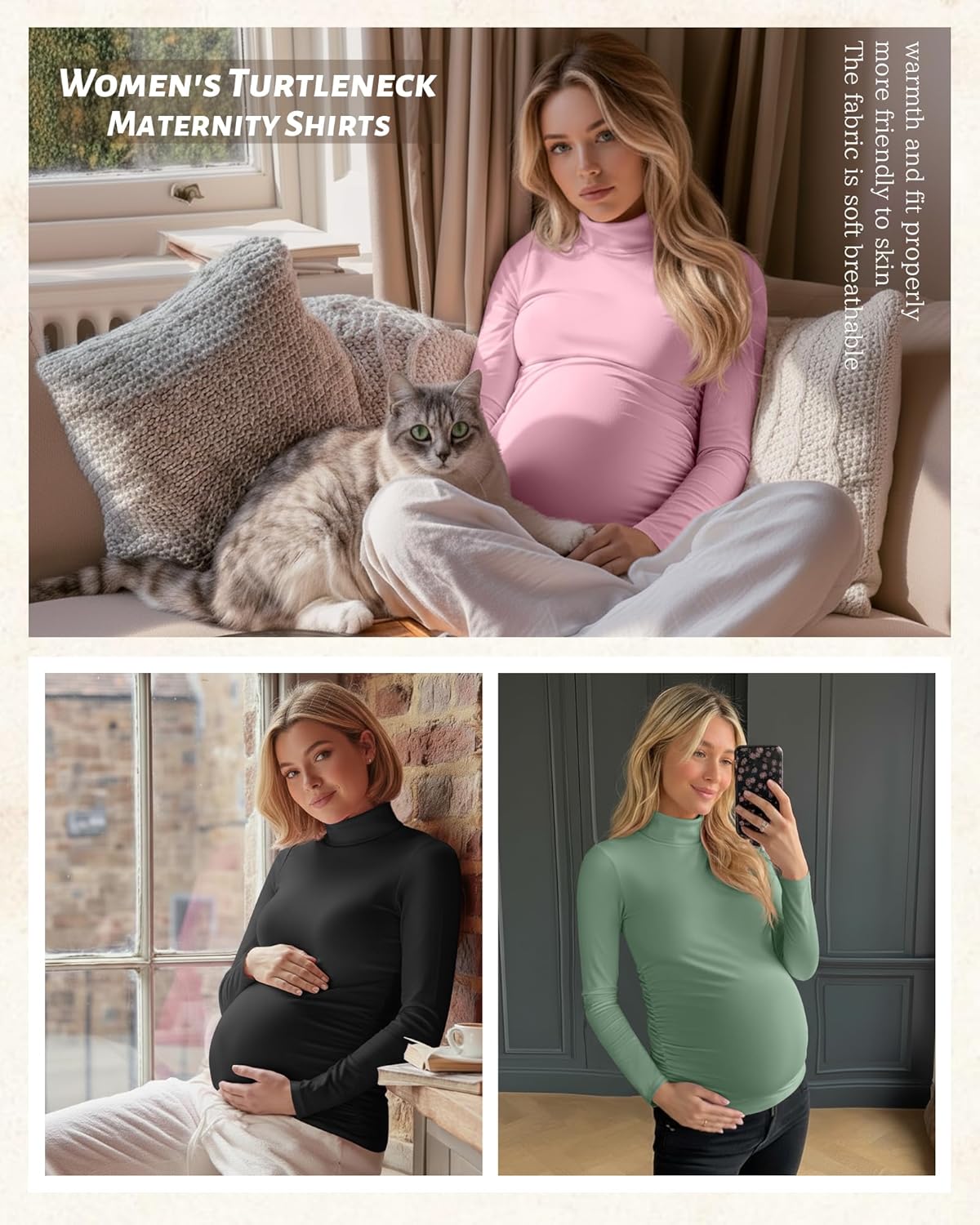4 Pack Women's Maternity Shirts, Turtleneck Long Sleeve Pregnancy Tee Tops Side Ruched Mock Neck Maternity Clothes(Black, Gray Green, Light Pink, Haze Blue,Large) - Image 2