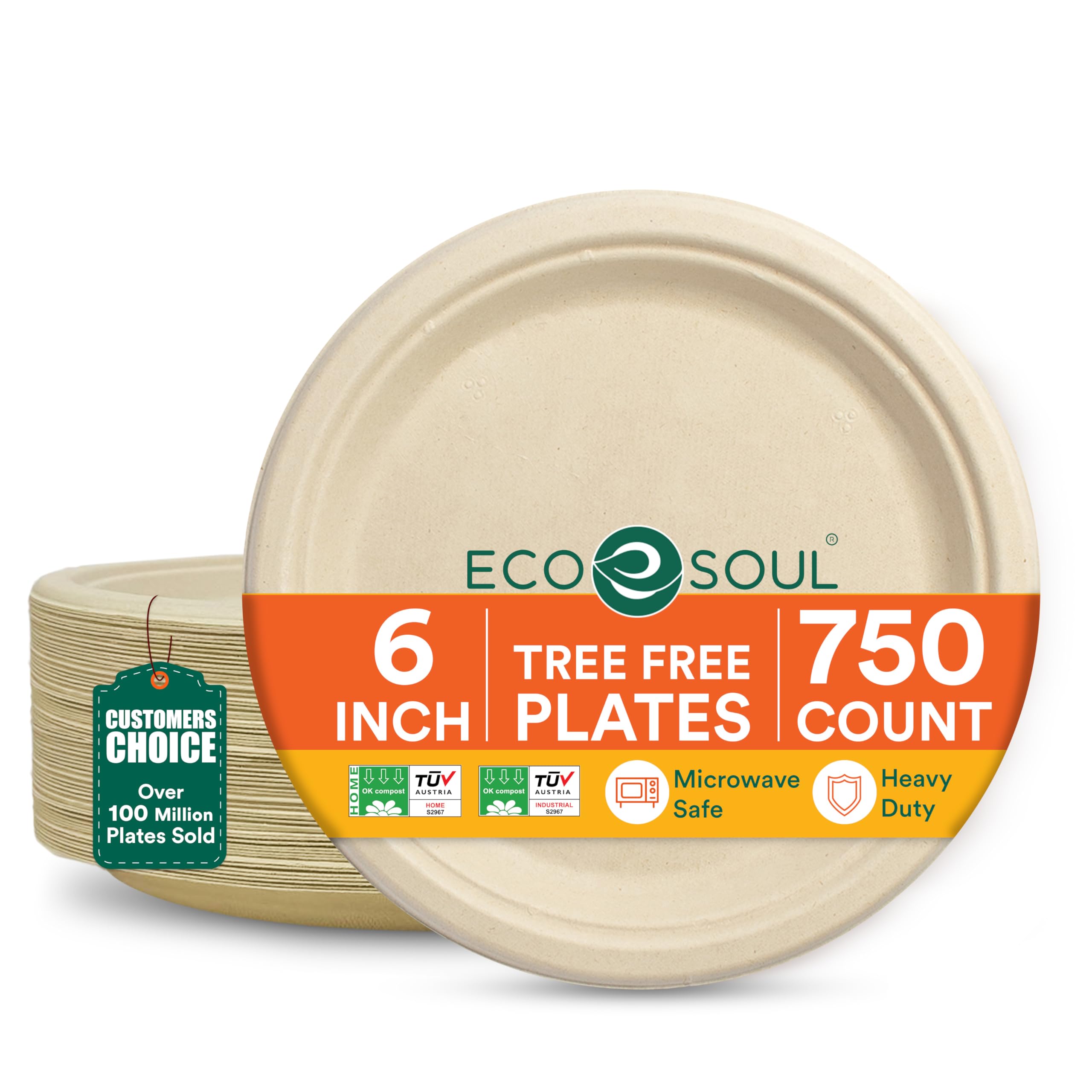 ECO SOUL Compostable Paper Plates 6 Inch (750 Count) Small Plates for Christmas Dessert, Heavy Duty, Eco-Friendly Sugarcane Bagasse For Appetizer- Natural Brown