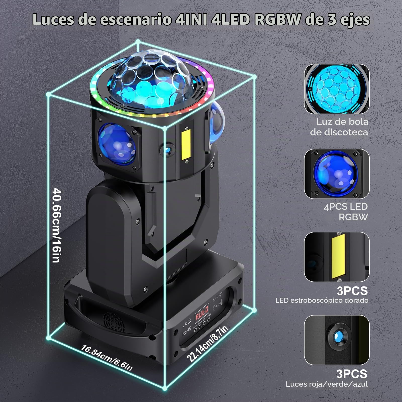 Cabezal móvil LED 150W RGBW Luces Discoteca Rotación infinita Foco de escenario DMX512 luz de escenario para Fiesta DJ Bar Cumpleaños Familia