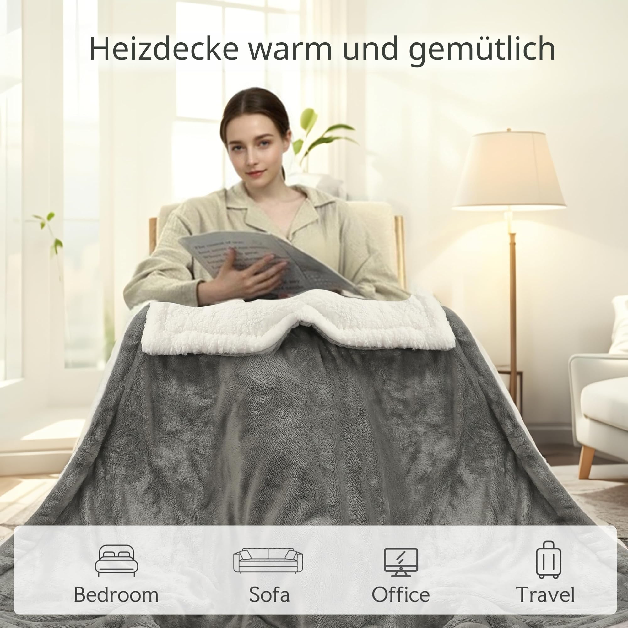 Wärmedecke Elektrisch Heizdecke mit Abschaltautomatik 130x160cm, Flanell & Baumwolle, 9 Wärmestufen & 9H Timer, Überhitzungsschutz, Weich hautfreundlich, Maschinenwaschbar Für Sofa/Bett, Hellgrau