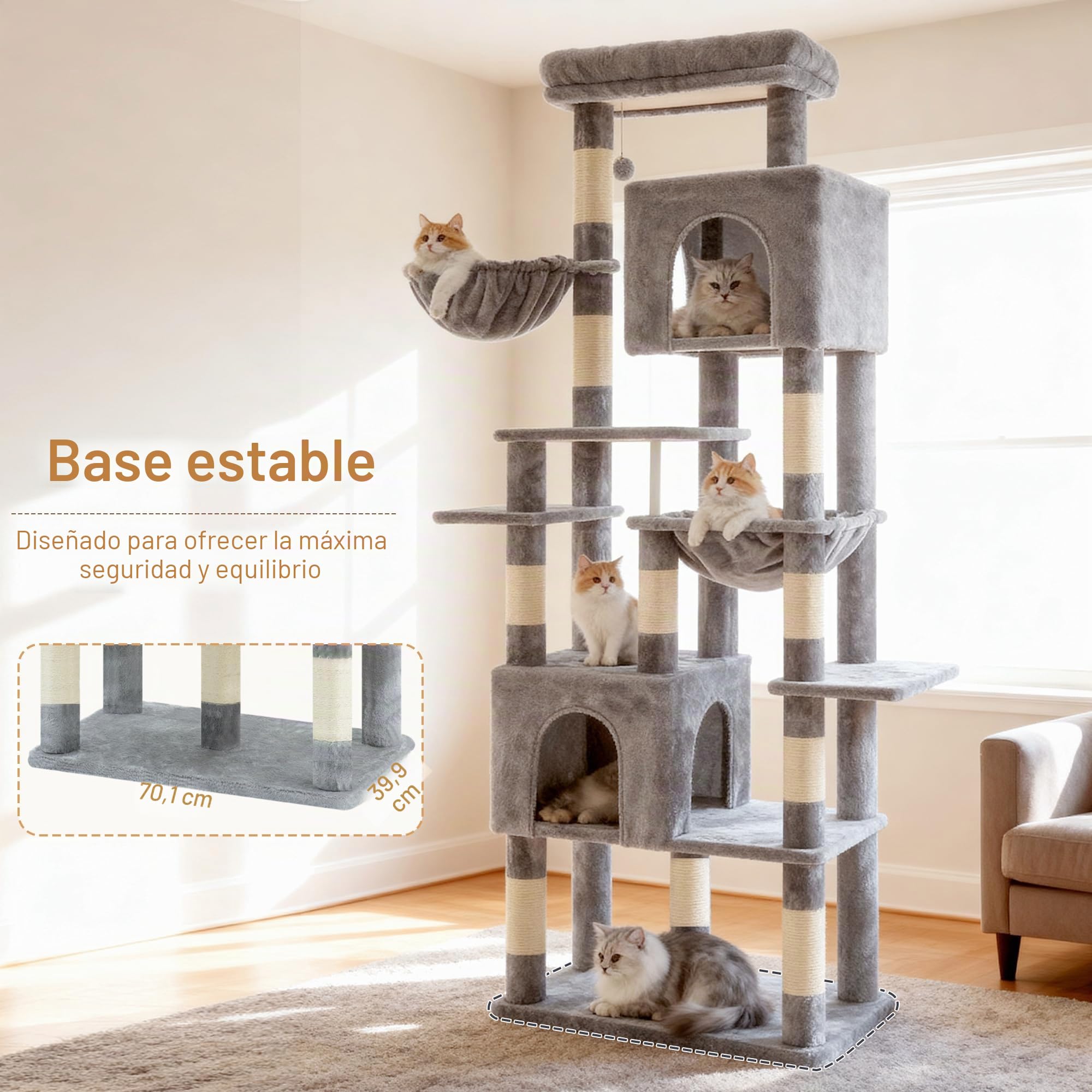 Heybly Rascador Para Gatos Grandes, 193 cm Torre para Gatos con Base Grande de 5 Postes para Máxima Estabilidad, Incluye 2 Cuevas, 1 Hamaca, 1 Cesta y 10 Postes Rascadores de Sisal, Gris Claro HCT039W