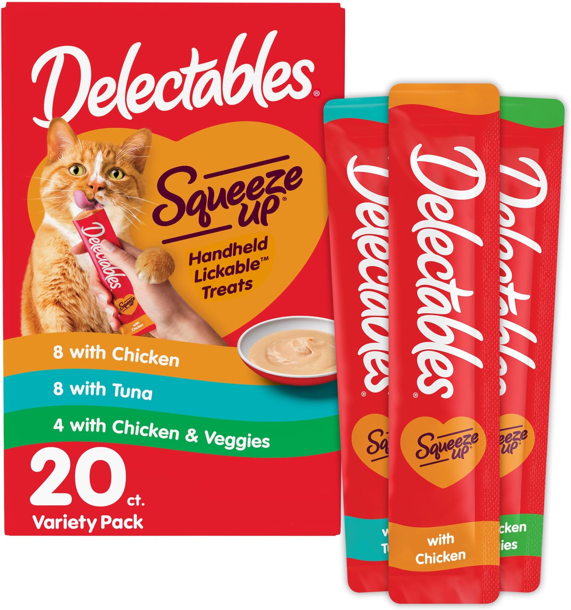 Squeeze Up Variety Pack, Creamy Squeezable Puree, Lickable Wet Cat Treats, Grain Free, No Added Fillers, No by-Products, No Added Preservatives, 0.5 Ounces Tube, 20 Tubes Total