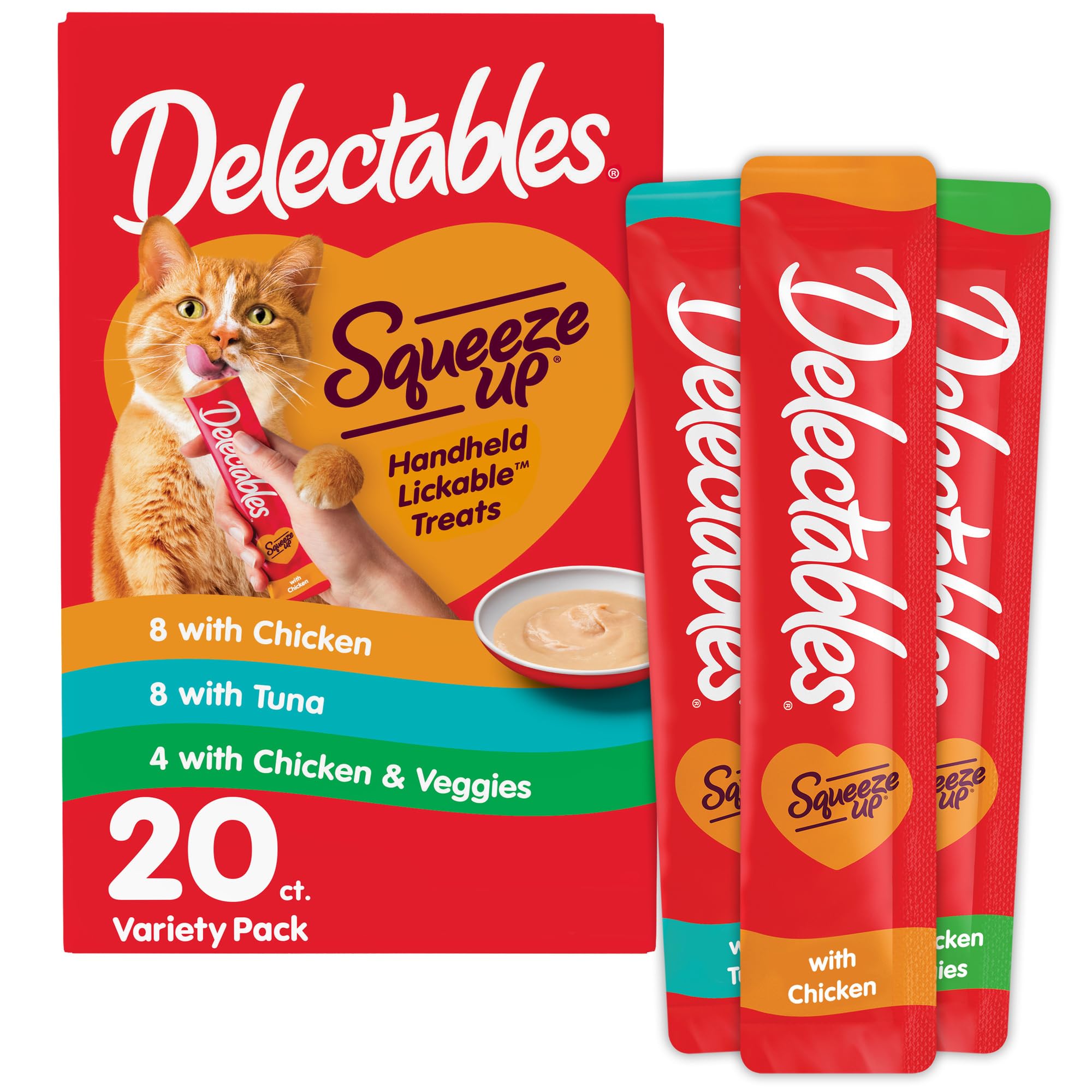 Delectables Squeeze Up Variety Pack, Creamy Squeezable Puree, Lickable Wet Cat Treats, Grain Free, No Added Fillers, No by-Products, No Added Preservatives, 0.5 Ounces Tube, 20 Tubes Total