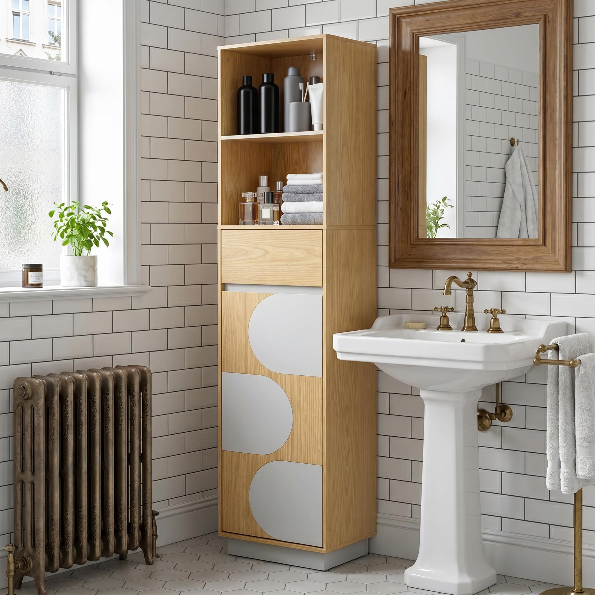 Hometopia Badezimmer Hochschrank Holz, 166 cm schmal mit Tür | 30x40 cm Grundfläche, 1 Schublade, verstellbare Böden unten, für kleine Bäder, freistehend, Eichenoptik, pflegeleicht