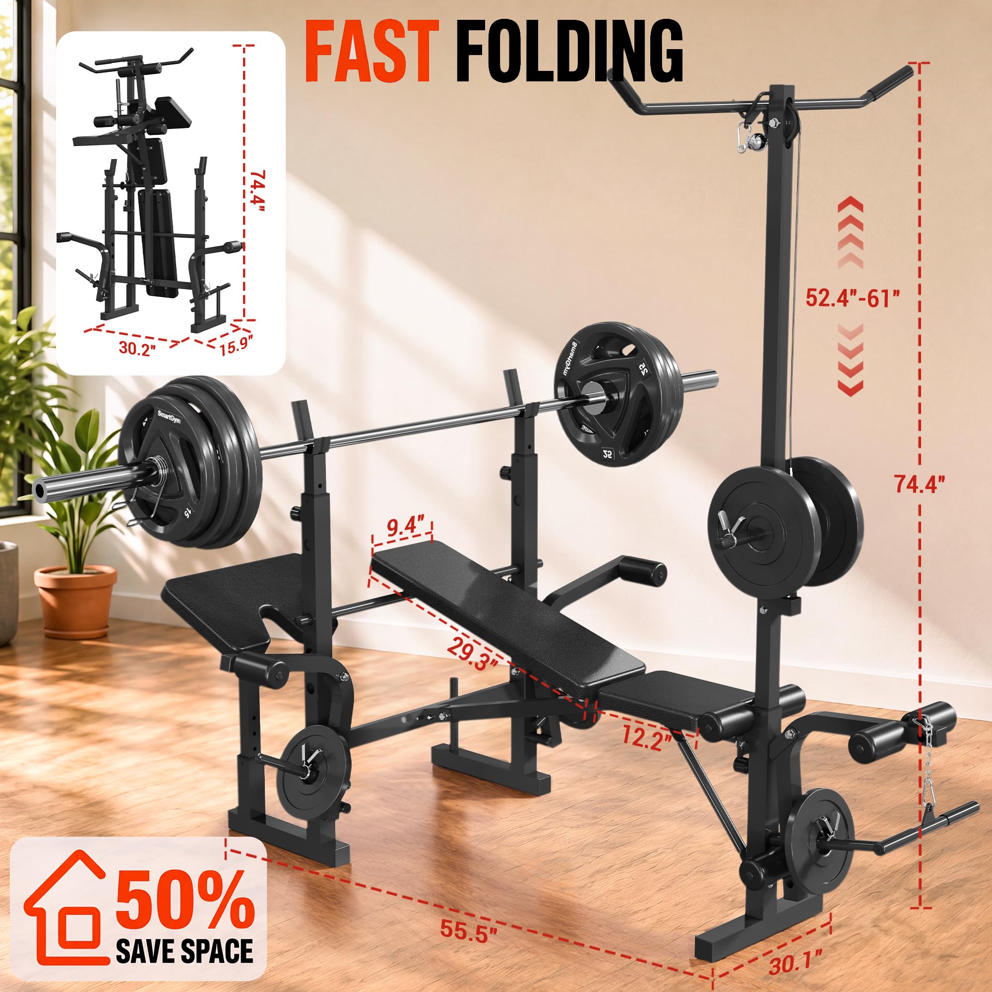 8 in 1 Adjustable Weight Bench Set, Lat Pulldown & Leg Extension Foldable Bench Press Set with Preacher Curl Pad, Chest Fly, Leg Curl, Rack, Full Body Home Gym Strength Training Equipment