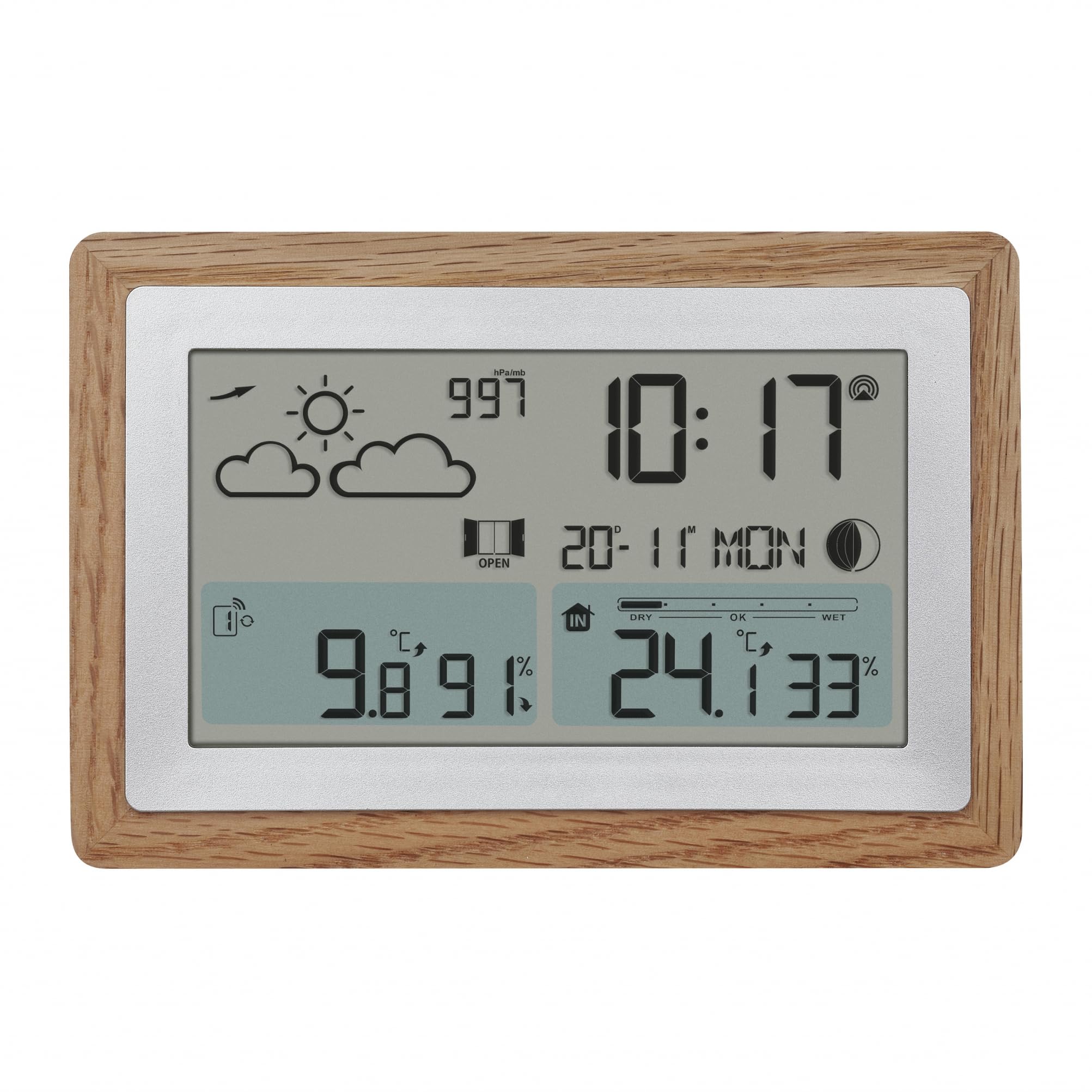 TFA Dostmann Oak 35.1167 Station météo sans fil avec capteur extérieur et cadre en bois, température intérieure et extérieure, avec recommandation de ventilation, intensité variable, horloge