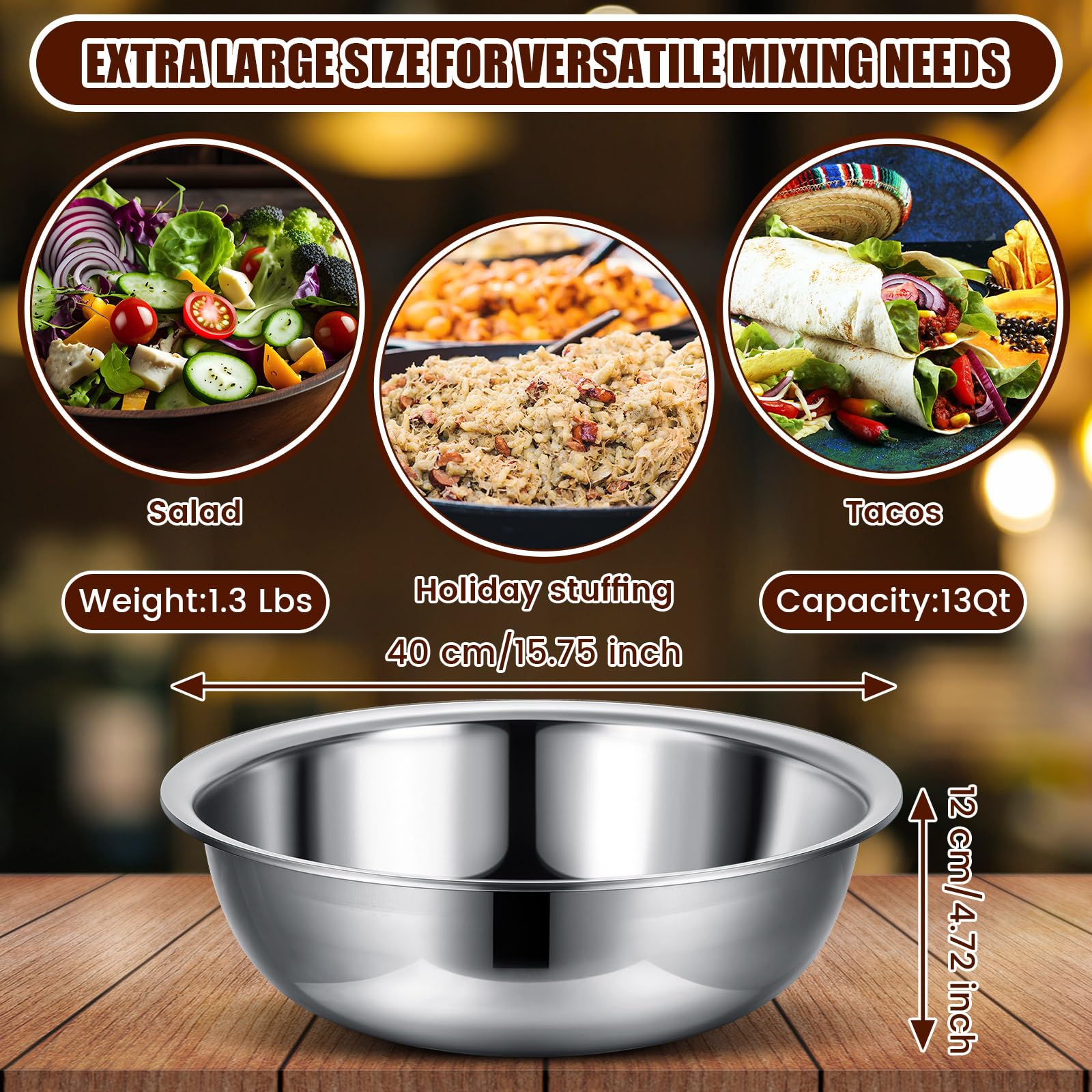 Nuogo 8 cuencos de acero inoxidable de 13 cuartos de galón, cuencos de metal para mezclar, cuenco grande para ensalada, lavabo con borde más profundo, apto para lavavajillas, cuencos de cocina con