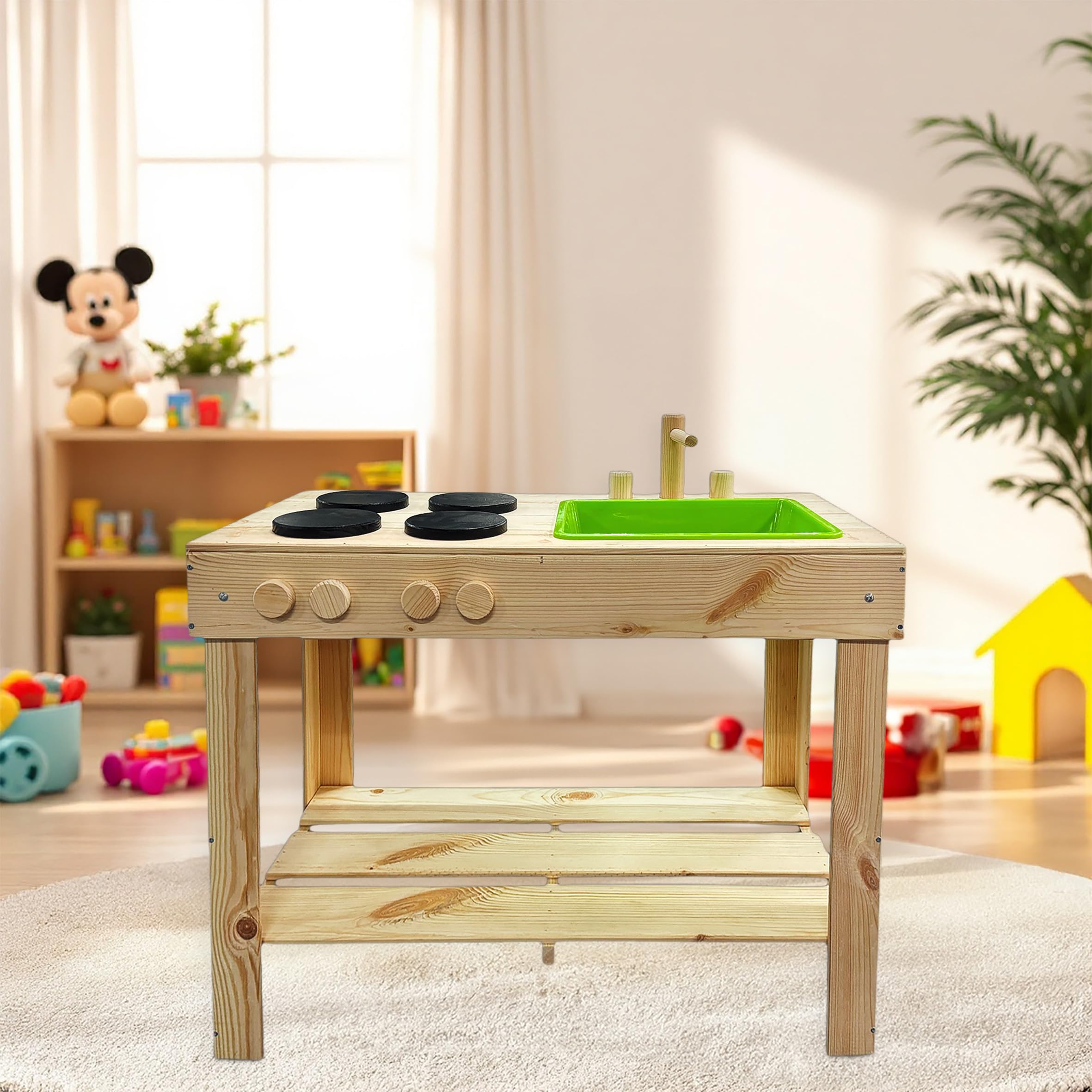 Giocattolo da cucina in legno per bambini – 72 cm – Cucina giochi con lavabo e piani cottura – Giardino per bambini cucina sabbia giardino cucina giocattolo per esterni