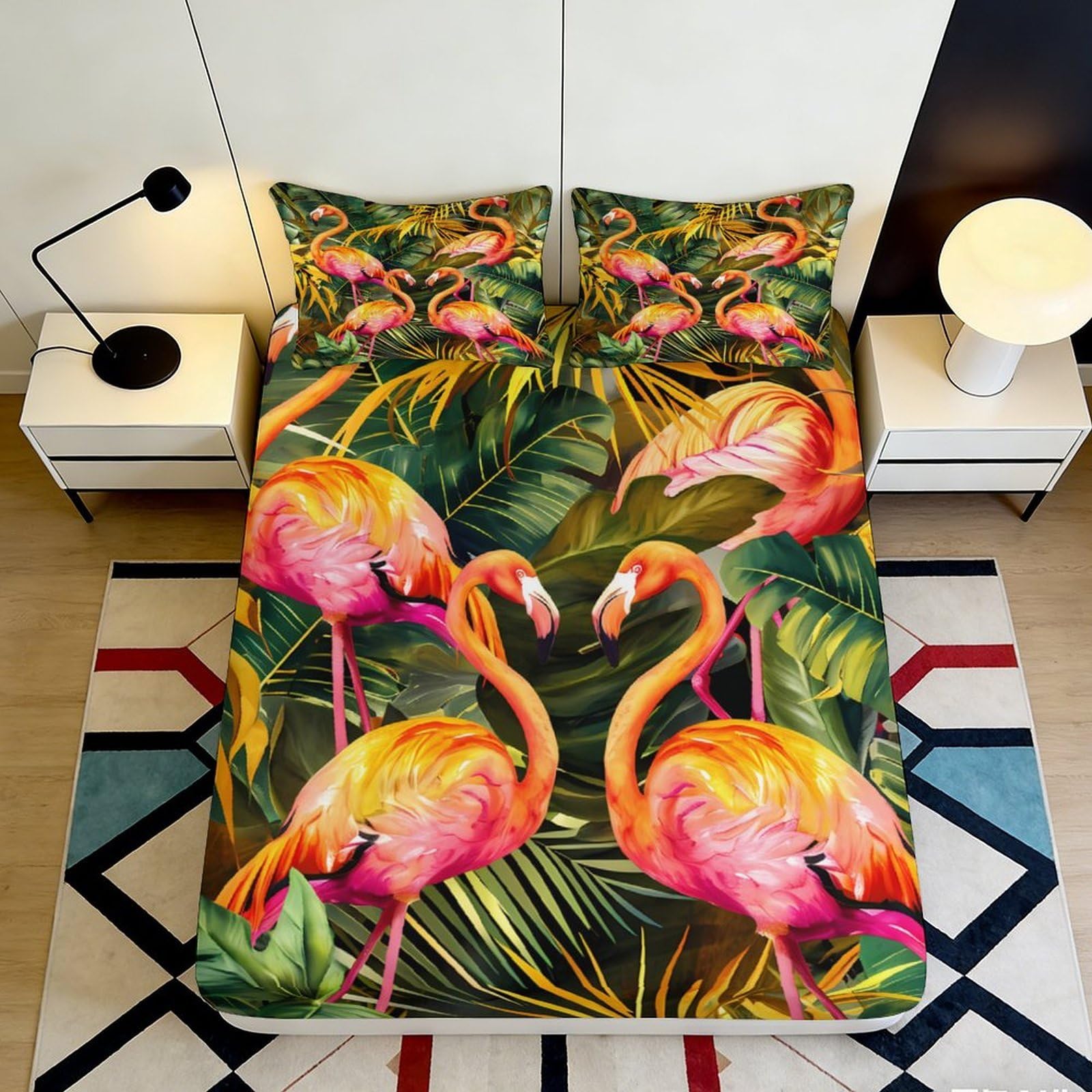 3D Printed Tropical Flamingo Fitted Sheet Microfiber Soft Vibrant Palm Leaf Mattress Cover for Bedroom Guest Room Decor 90x200x25cm