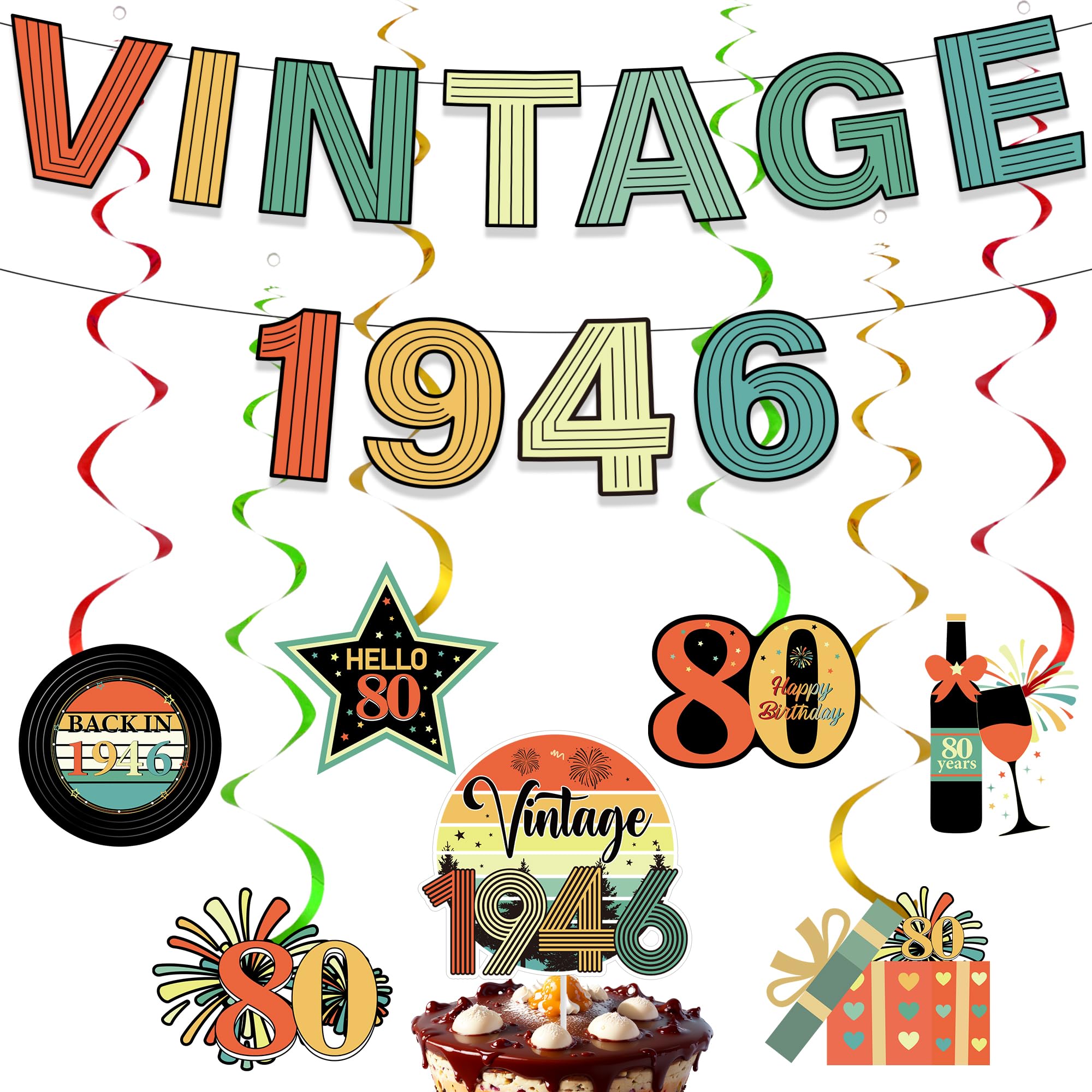 80th Birthday Decorations Men Women - 9 Pcs Retro Theme Vintage 1946 Banner Happy 80 Bday Colorful Hanging Swirls Cake Topper Party Supplies for Eighty Year Old Milestone Celebration Decor