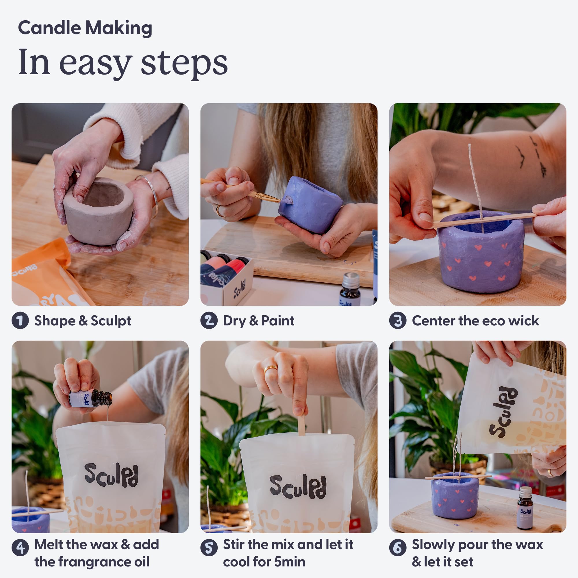 Sculpd, Kit per creare candele con argilla autoindurente, per principianti e adulti, con cera di soia ecologica, oli profumati, vernice, utensili e istruzioni (lingua italiana non garantita)