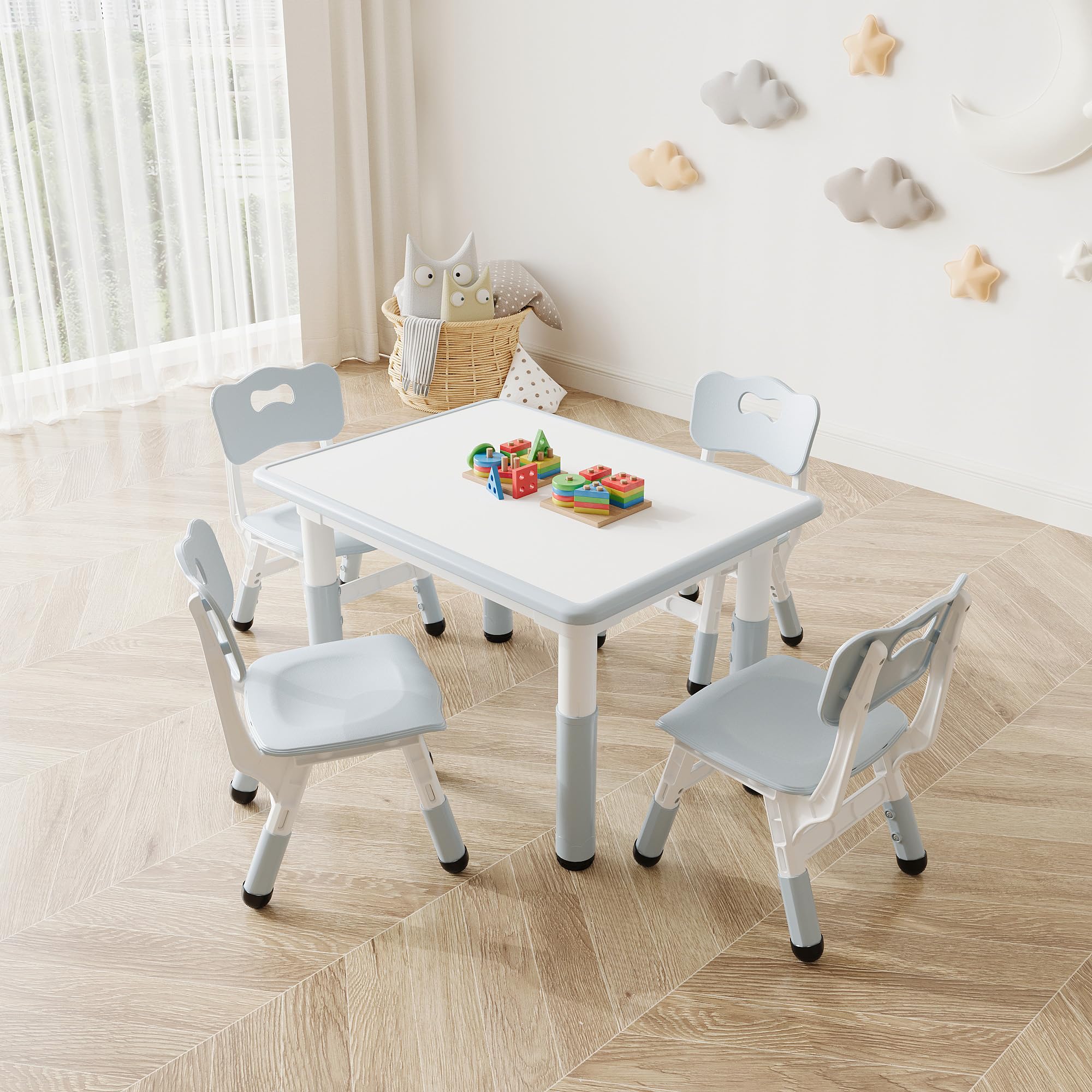 Table Enfant avec Chaise - Hauteur réglable,Bureau Enfant avec 4 chaises Design Antidérapante,Ensemble Bureau pour Chambre & Salle Classe de Maternelle(Gris)