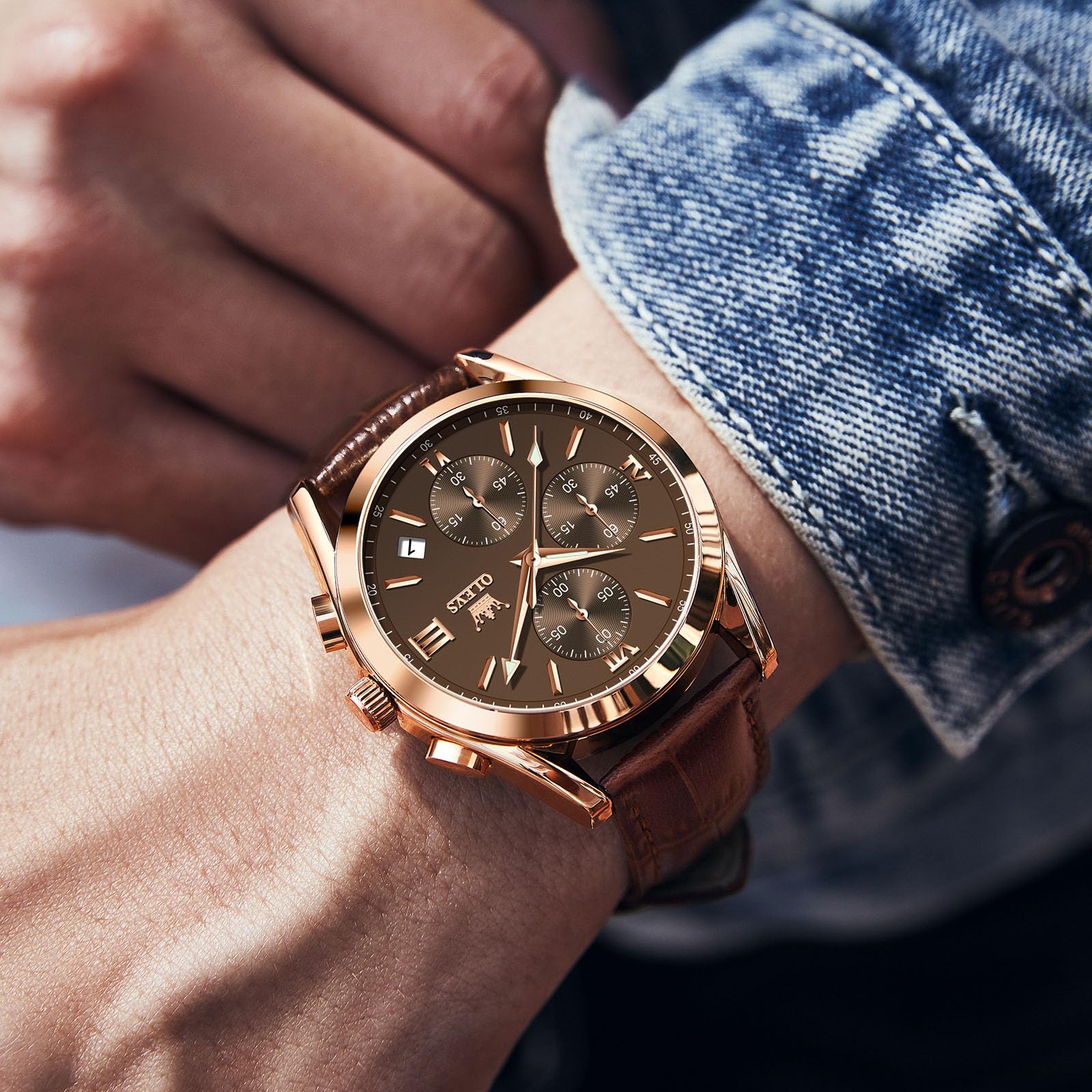 OLEVS Vintage Herrenuhren mit Lederarmband Großes Zifferblatt Armbanduhr Herren Wasserdicht Leuchtende Analog Kleid Uhren Herren mit Datumsanzeige