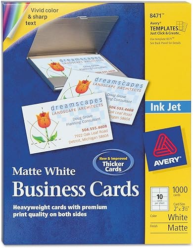 Avery Tarjetas de visita imprimibles, impresoras de inyección de tinta, 1000 tarjetas, 2 x 3.5, peso pesado (8471)