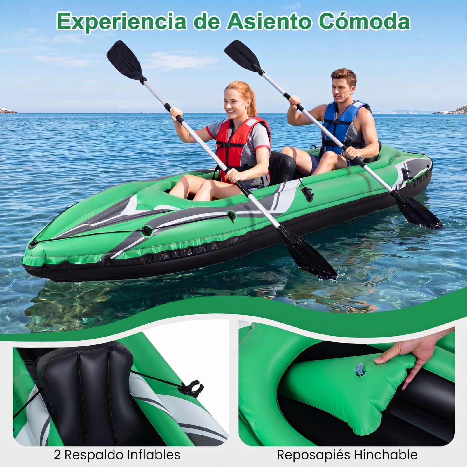 COSTWAY Kayak Hinchable 2 Plazas, Barca Hinchable con Remos de Aluminio, Asientos y Reposapiés Hinchables, Kayak Inflable para 2 Personas con Bomba Manual para Adultos, Carga 160 kg, 350 x 78 x 47 cm