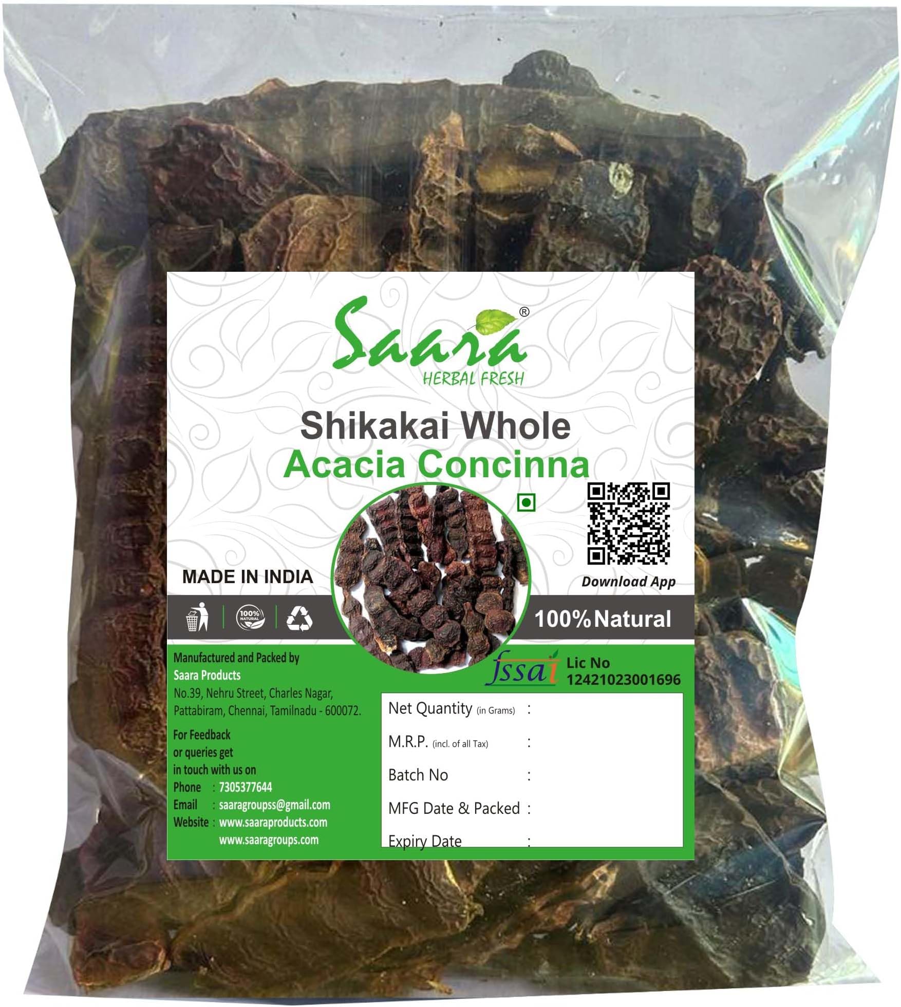 Saara HERBAL FRESH Shikakai Whole, 100g | Acacia Concinna | Dry Shikakai | For healthy strong hair(Pack of 1 X 100gm)