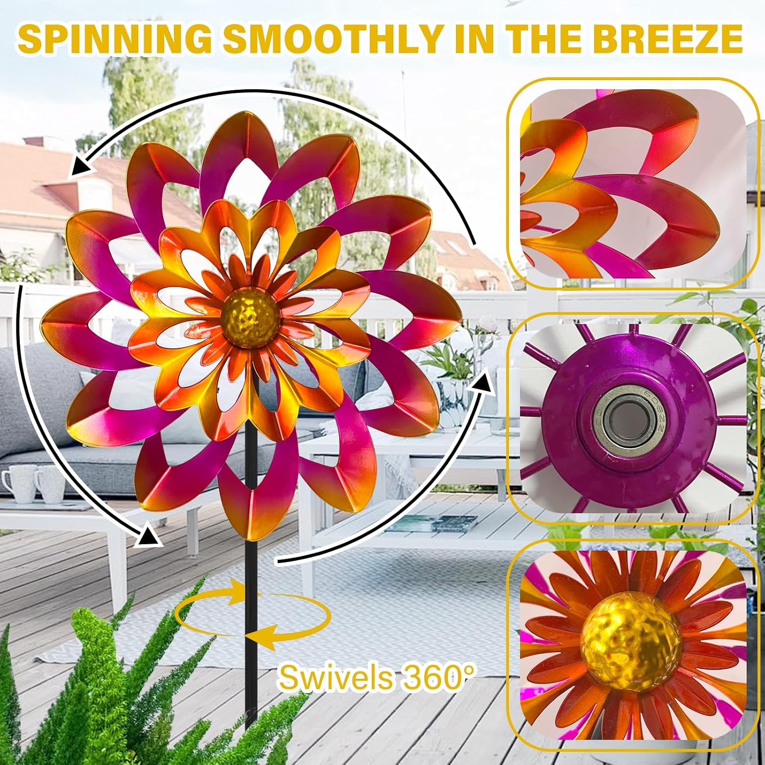 45" Gerbera Wind Spinners for Yard and Garden, Golden Balls Kinetic Wind Spinner Outdoor Decor, Wind Sculpture Yard Art Decorations for Patio, Lawn & Garden image 3