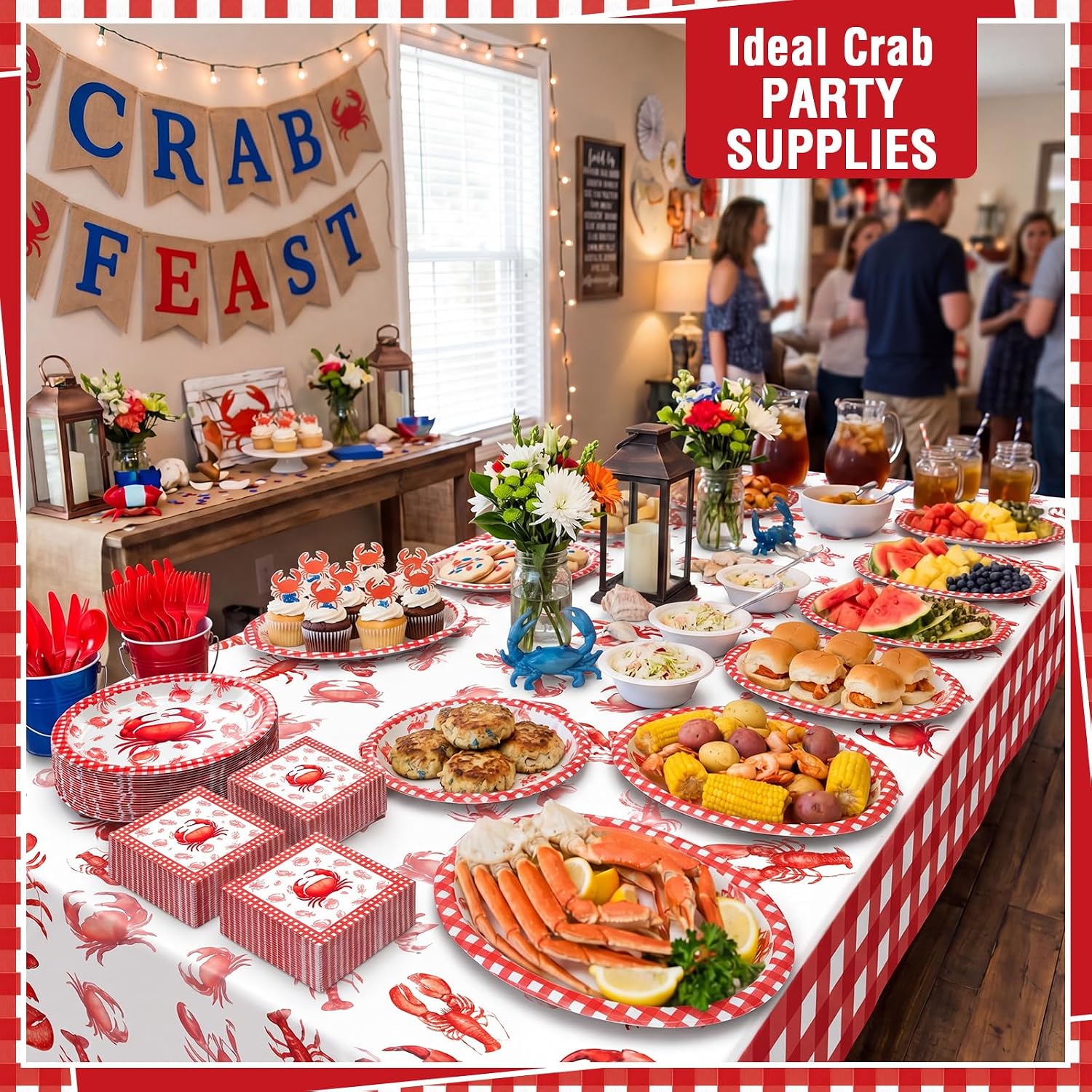 Havawish 51 Pcs Crab Boil Party Supplies, Complete Seafood Boil Tableware Set for 25 Guests, Includes Plastic Tablecloth, Oval Paper Plates, Cocktail Napkins, Crab Birthday Decorations image 4
