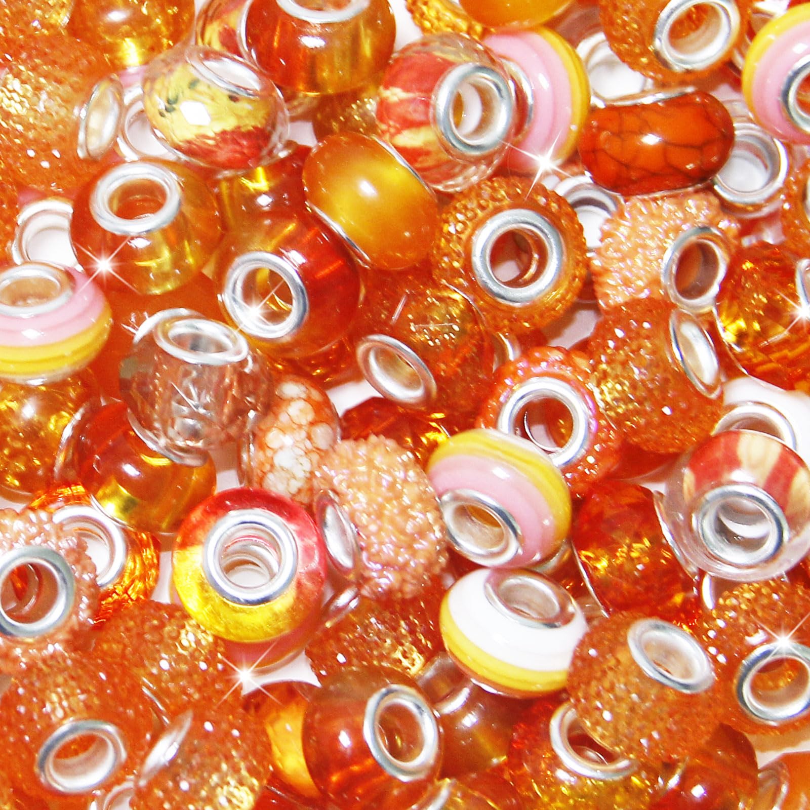 200Pcs Large Hole Beads Spacer Beads Orange Assorted European Craft Big Beads Large Hole Lampwork Murano Bead Fairy Wand Garden Bead for DIY Charm
