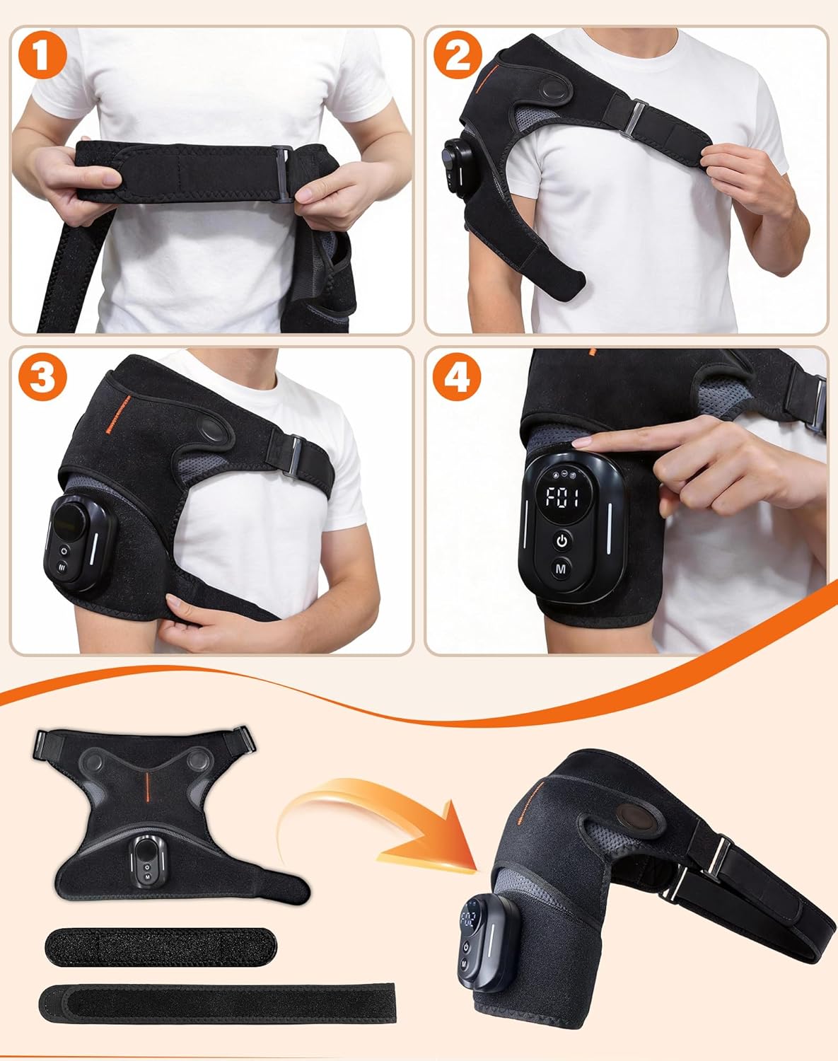 Shoulder Heating Pad with Massager & Magnetic Remote, Cordless Heating Pad with 5 Heat & Vibration Modes, Portable Shoulder Brace for Home, Office, Travel