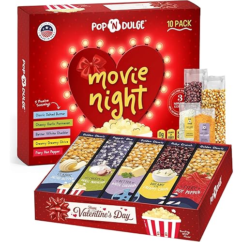 Valentines Day Gifts Movie Night Popcorn Gift Set, Valentines Day Gifts For Her Him, 10 Piece Set, 5 Gourmet Popcorn Kernels and 5 Popcorn Seasoning Flavoring, Kosher, Non-GMO Romantic Movie Night Gift Baskets Idea