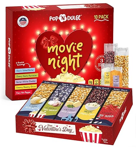 Valentines Day Gifts Movie Night Popcorn Gift Set, Valentines Day Gifts For Her Him, 10 Piece Set, 5 Gourmet Popcorn Kernels and 5 Popcorn Seasoning Flavoring, Kosher, Non-GMO Romantic Movie Night Gift Baskets Idea - Love