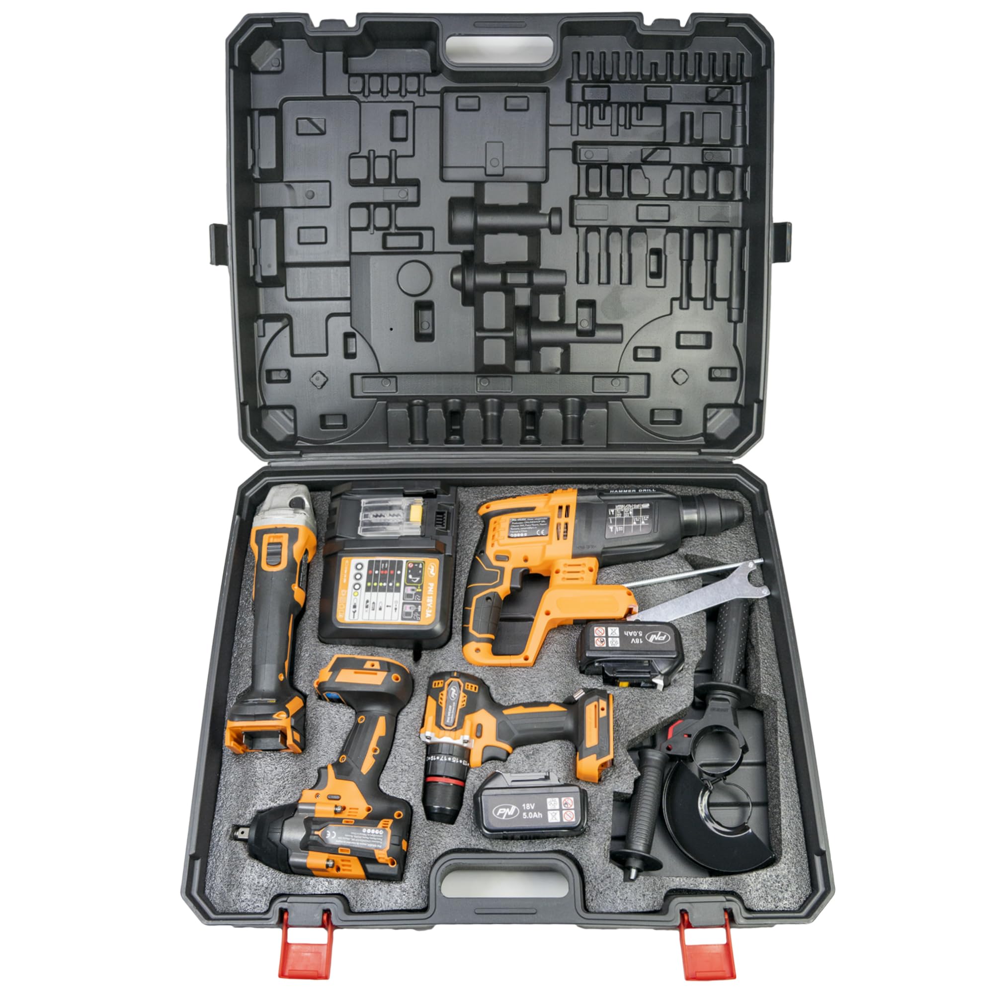Set di utensili elettrici PNI WK450 con batterie da 18V 5.0Ah, caricabatterie incluso